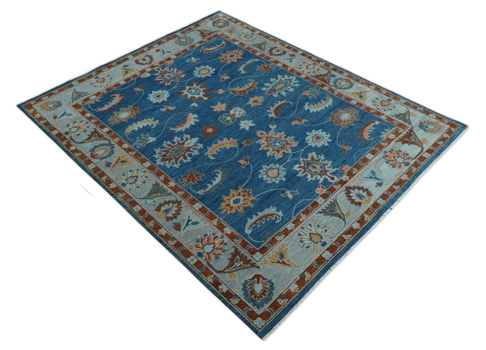 8x10, 9x12, 10x14 and 12x15 Blue, Rust and Aqua Hand Knotted Floral Oushak Wool Rug | NT20 - The Rug Decor