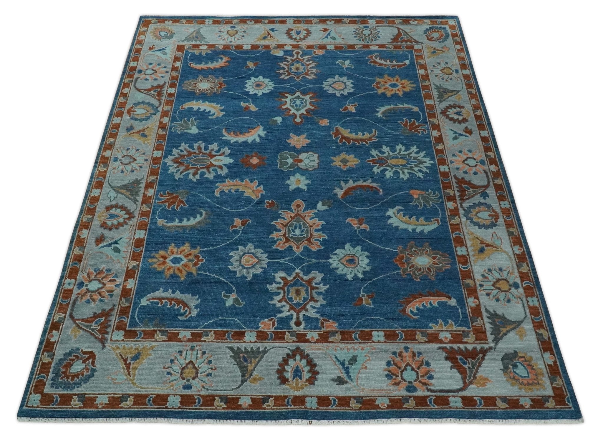 8x10, 9x12, 10x14 and 12x15 Blue, Rust and Aqua Hand Knotted Floral Oushak Wool Rug | NT20 - The Rug Decor