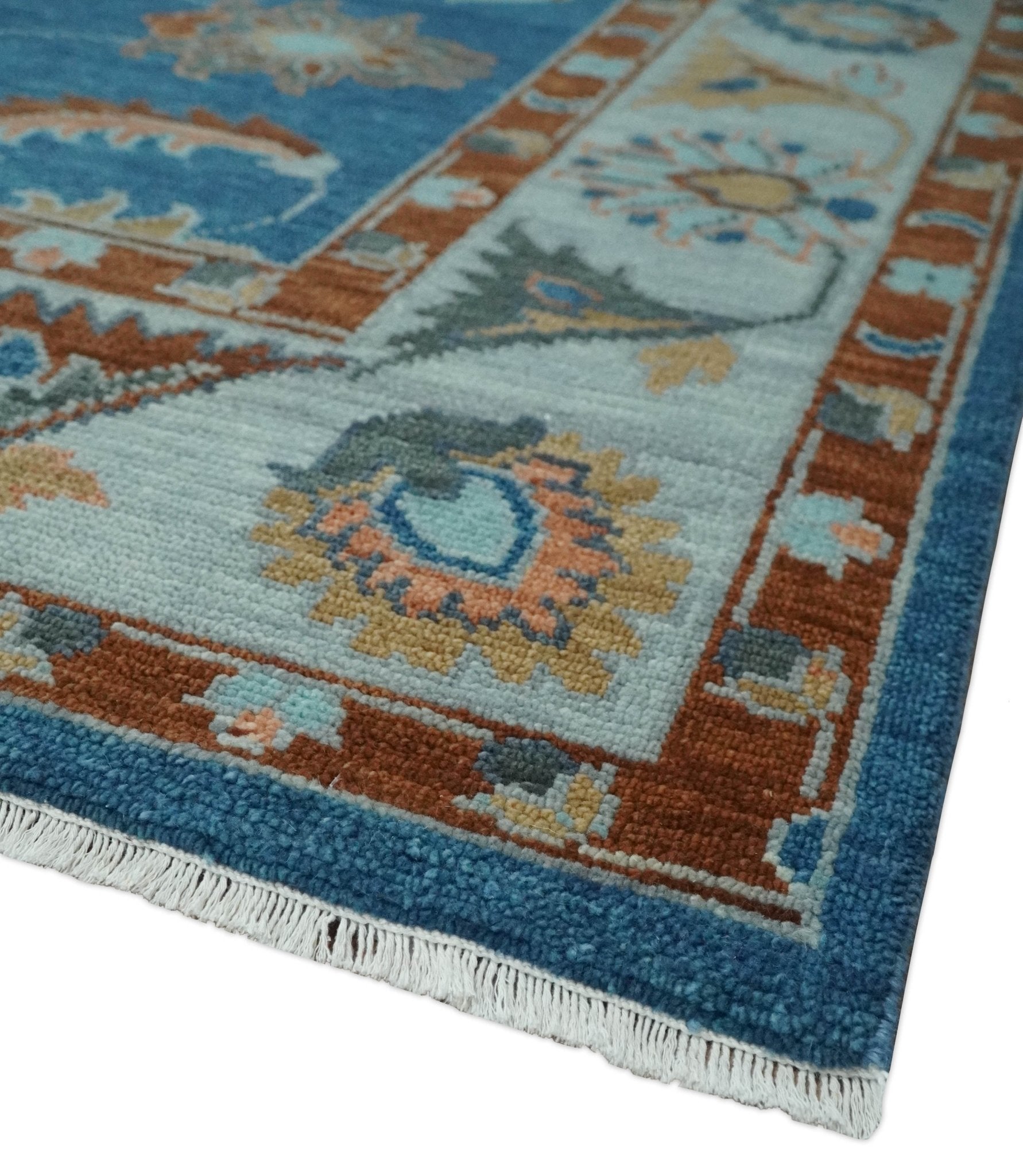 8x10, 9x12, 10x14 and 12x15 Blue, Rust and Aqua Hand Knotted Floral Oushak Wool Rug | NT20 - The Rug Decor