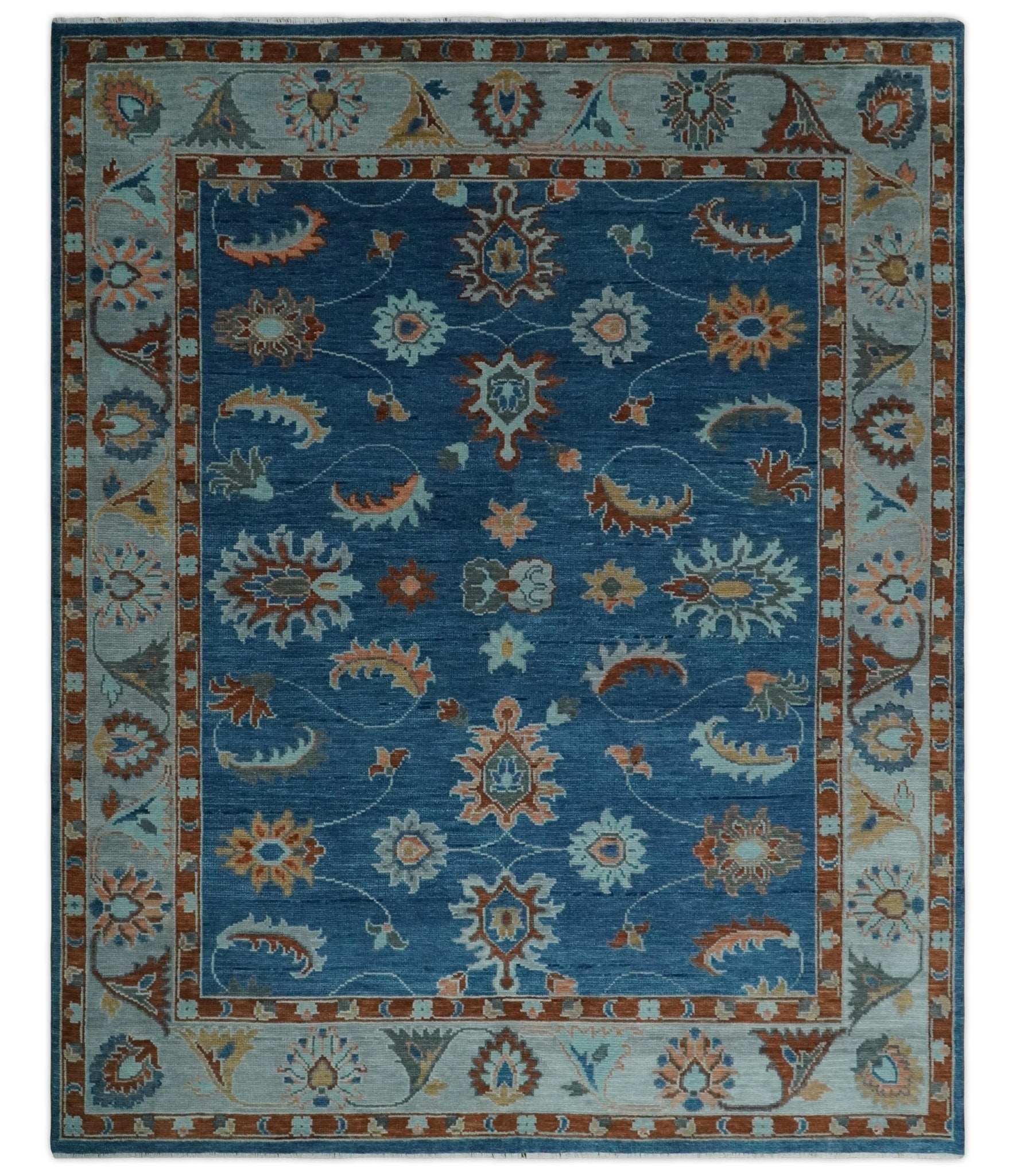 8x10, 9x12, 10x14 and 12x15 Blue, Rust and Aqua Hand Knotted Floral Oushak Wool Rug | NT20 - The Rug Decor