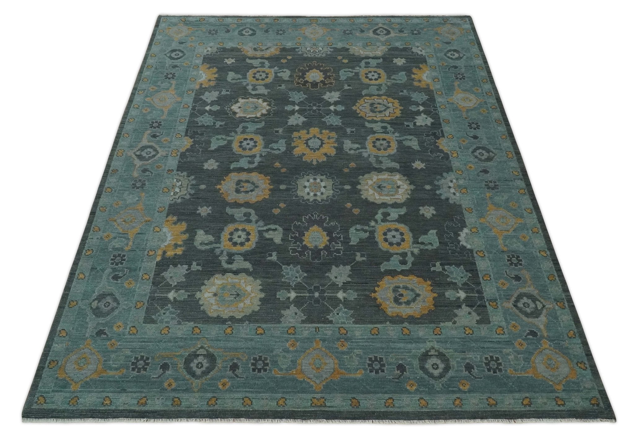 8x10, 9x12, 10x14 and 12x15 Hand Knotted Charcoal and Aqua Traditional Oushak Wool Rug | NT42 - The Rug Decor