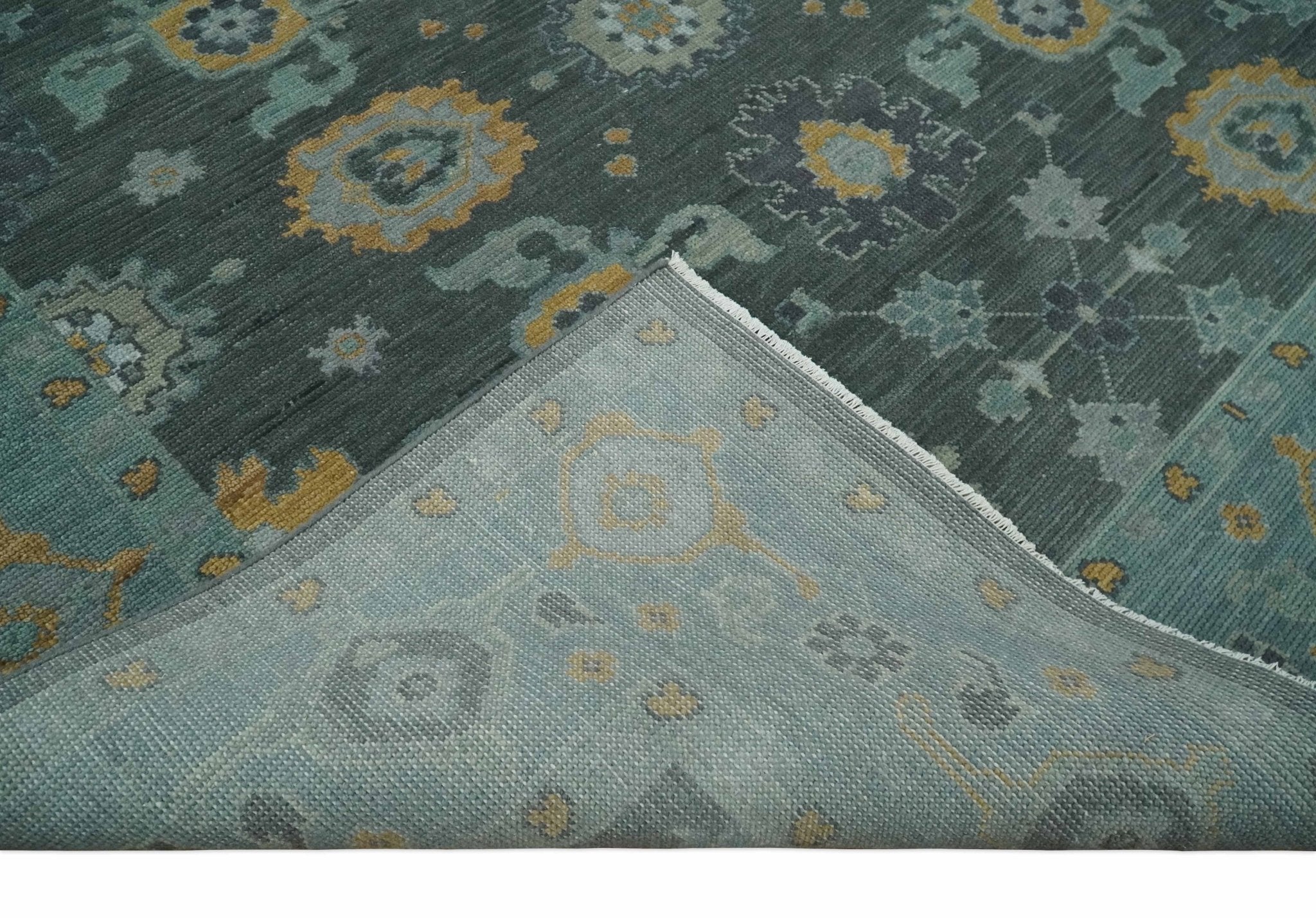 8x10, 9x12, 10x14 and 12x15 Hand Knotted Charcoal and Aqua Traditional Oushak Wool Rug | NT42 - The Rug Decor