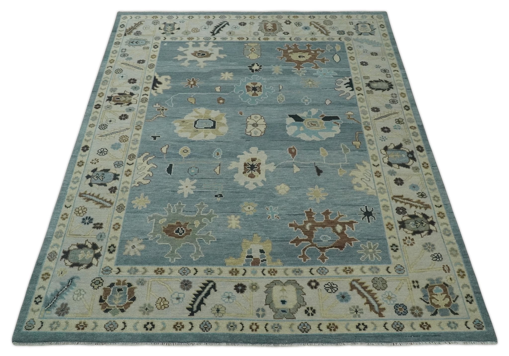 Hand Knotted Gray and Beige Traditional Oushak Wool Rug