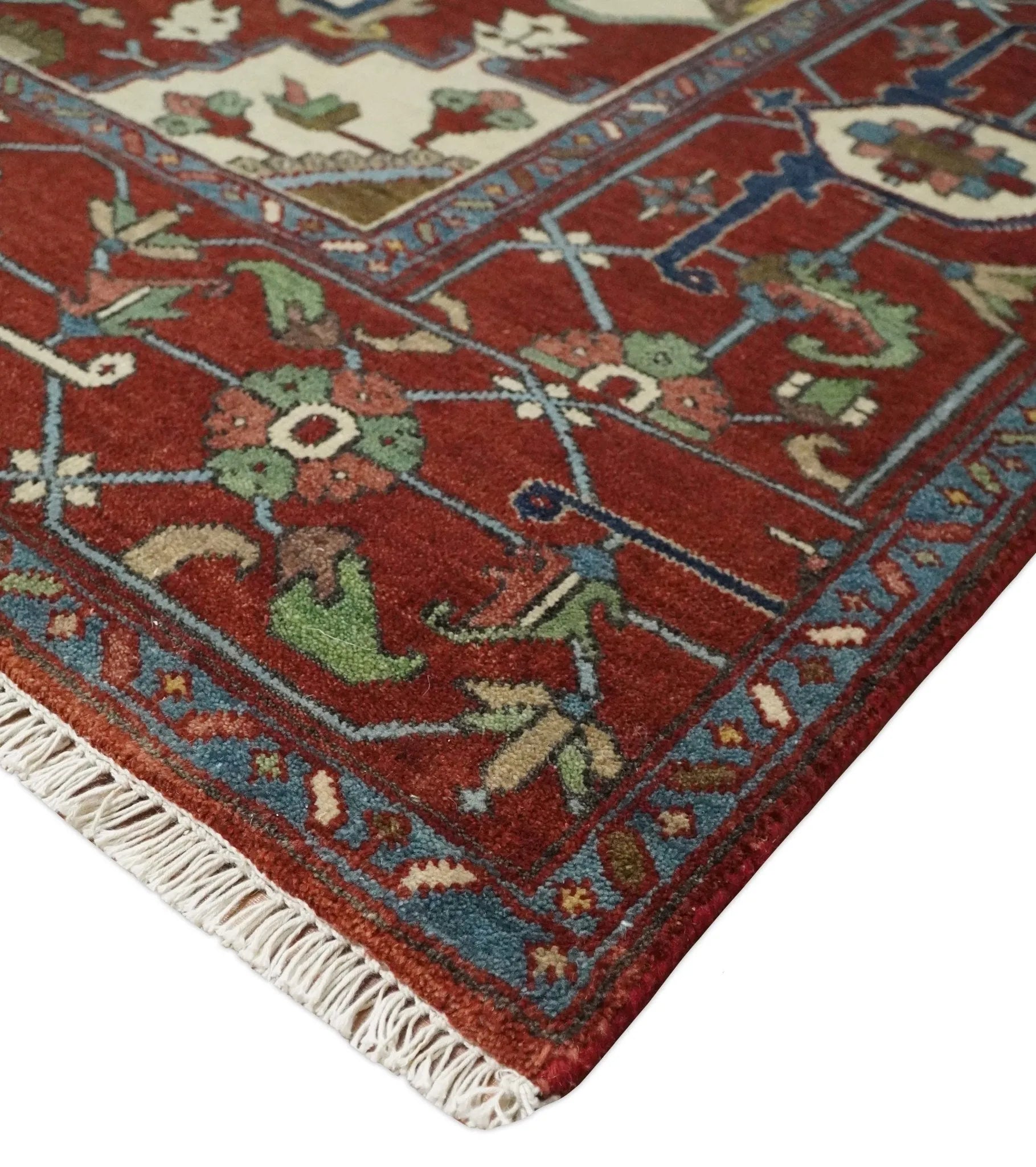 8x10 and 9x12 Fine Hand Knotted Blue, Ivory and Rust Traditional Vintage Heriz Serapi Antique Wool Rug | TRDCP470