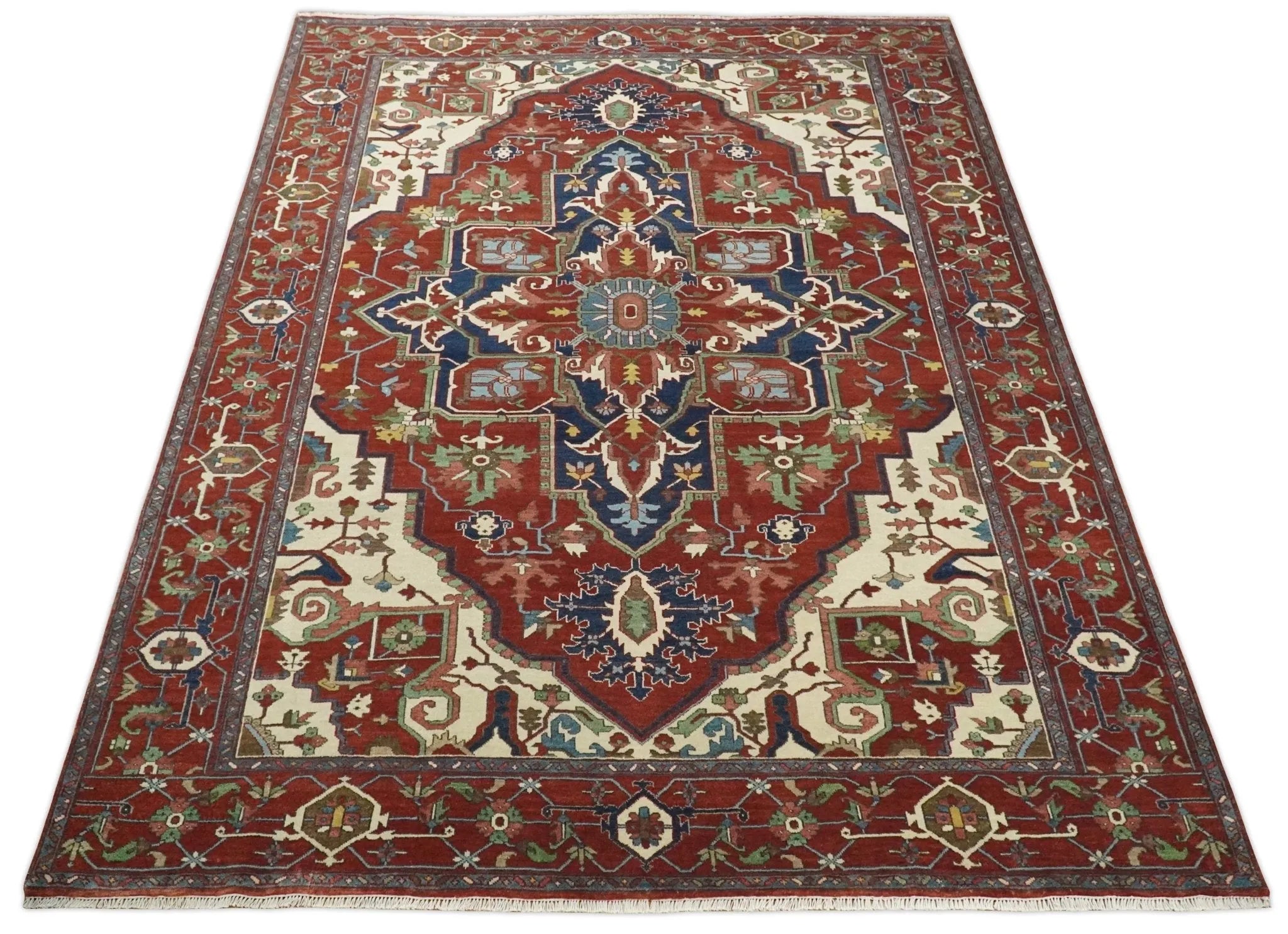 8x10 and 9x12 Fine Hand Knotted Blue, Ivory and Rust Traditional Vintage Heriz Serapi Antique Wool Rug | TRDCP470