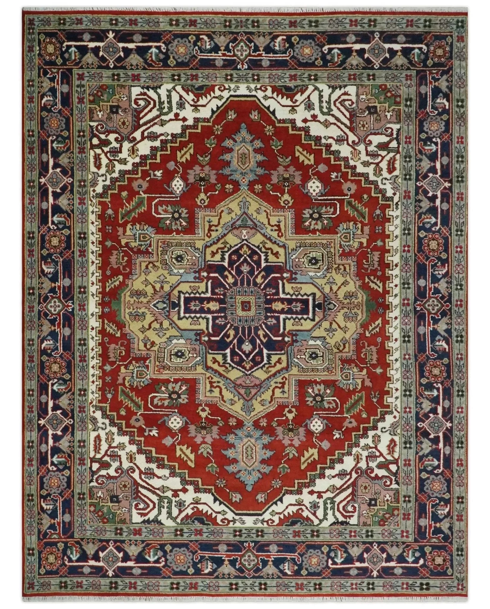 8x10 and 9x12 Hand Knotted Brown, Mustard, Ivory and Blue Traditional Wool Area Rug - The Mayfair Hall