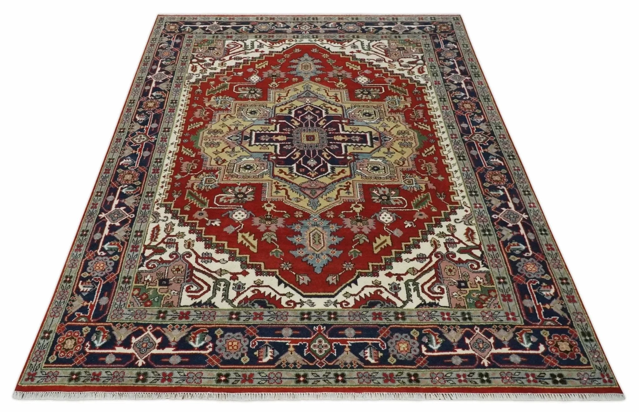 8x10 and 9x12 Hand Knotted Brown, Mustard, Ivory and Blue Traditional Wool Area Rug - The Mayfair Hall