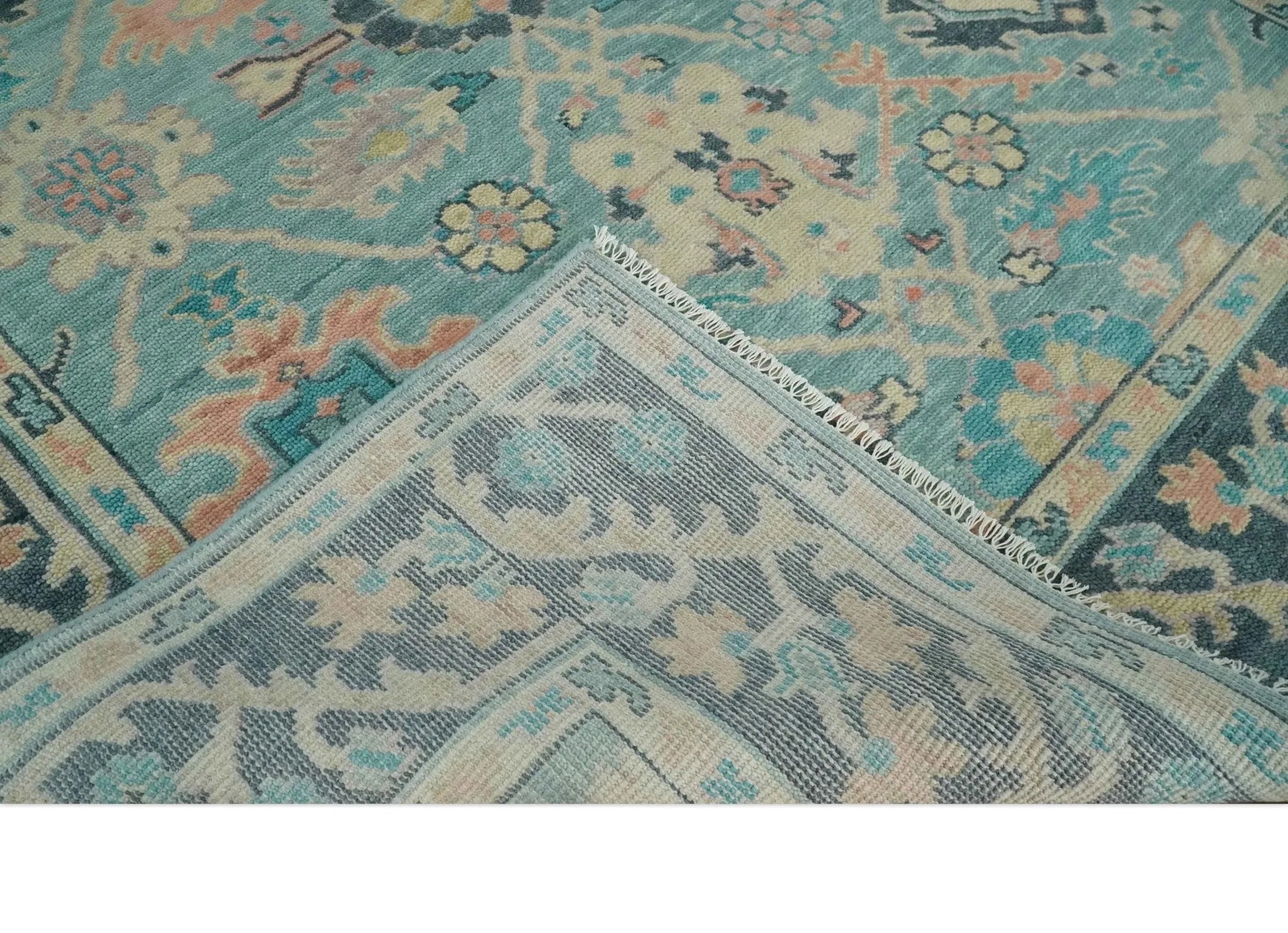 8x10 Antique Hand Knotted Teal, Charcoal and Beige Traditional Vintage Persian Oushak Wool Rug | TRDCP1367810