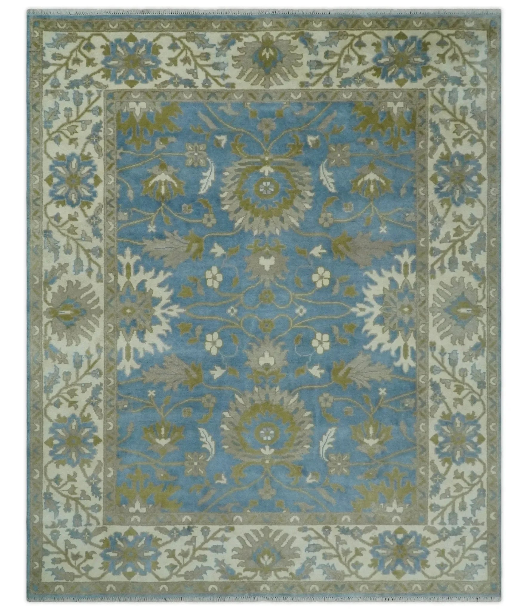 8x10 Blue, Ivory and Olive Hand Knotted Heriz Serapi Floral Area Rug | TRDCP1181810 - The Mayfair Hall