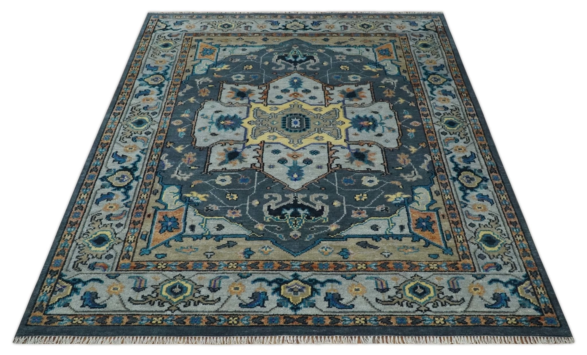 8x10 Blue, Silver and Beige Hand Knotted Traditional Heriz Serapi Wool Area Rug