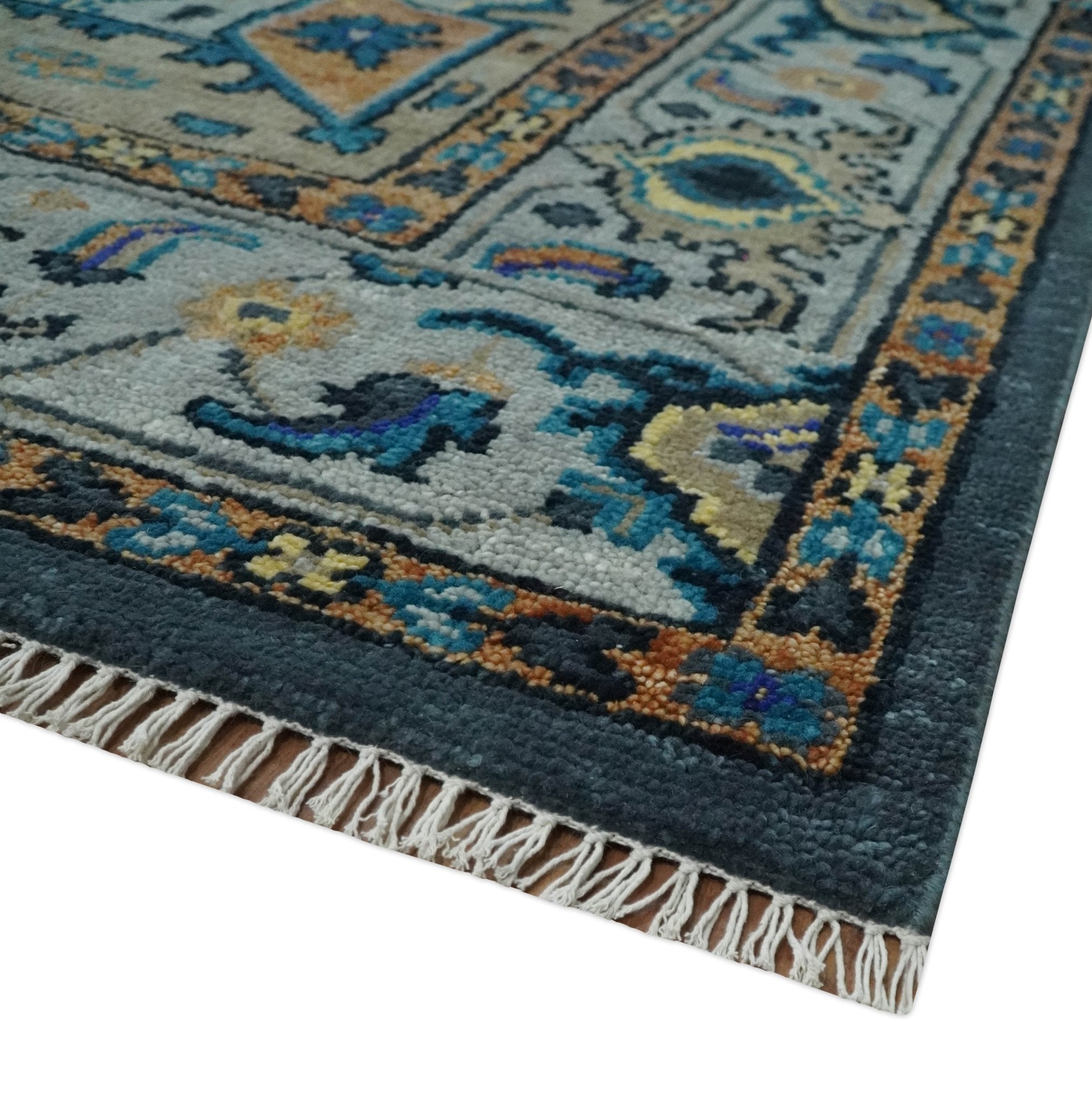 8x10 Blue, Silver and Beige Hand Knotted Traditional Heriz Serapi Wool Area Rug