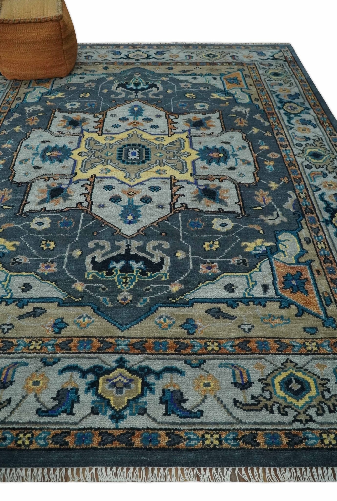 8x10 Blue, Silver and Beige Hand Knotted Traditional Heriz Serapi Wool Area Rug