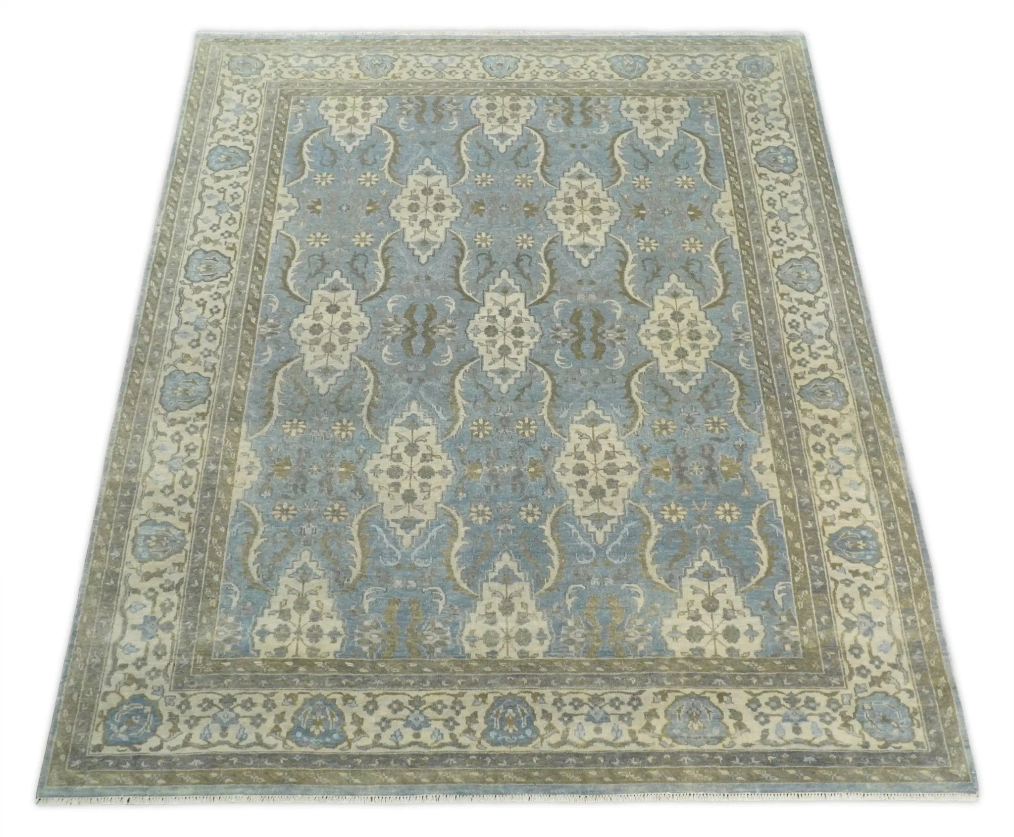 8x10 Fine Hand Knotted Blue and Ivory Traditional Ikat Design Antique Wool Rug | TRDCP462810