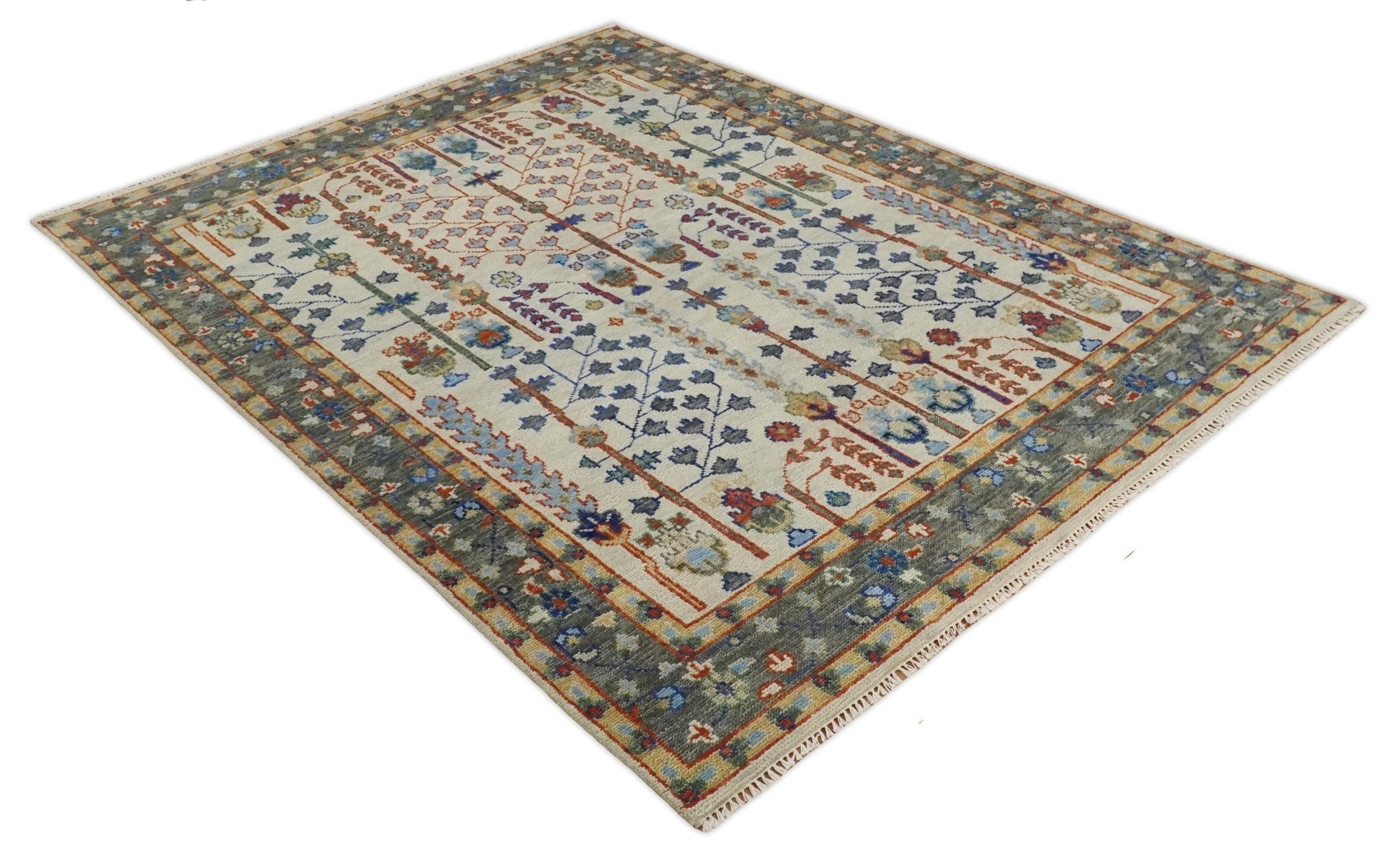 8x10 Hand Knotted Antique Ivory, Blue and Gray Traditional Persian Vintage Oushak Wool Rug | TRDCP712 - The Rug Decor