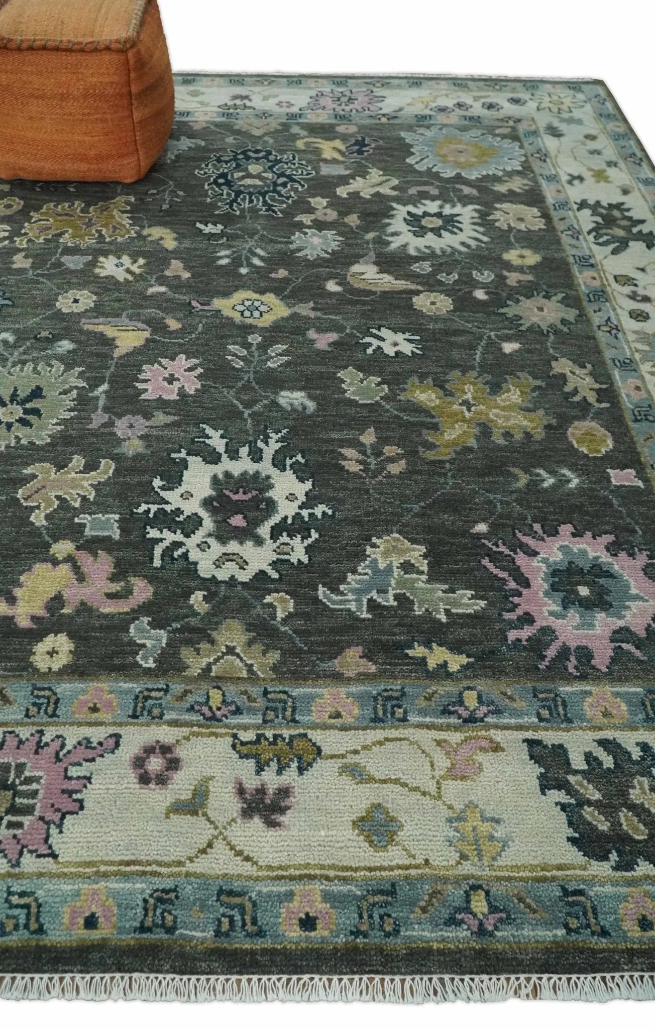 8x10 Hand Knotted Charcoal and Ivory Traditional Vintage Antique Persian Wool Rug | TRDCP891810