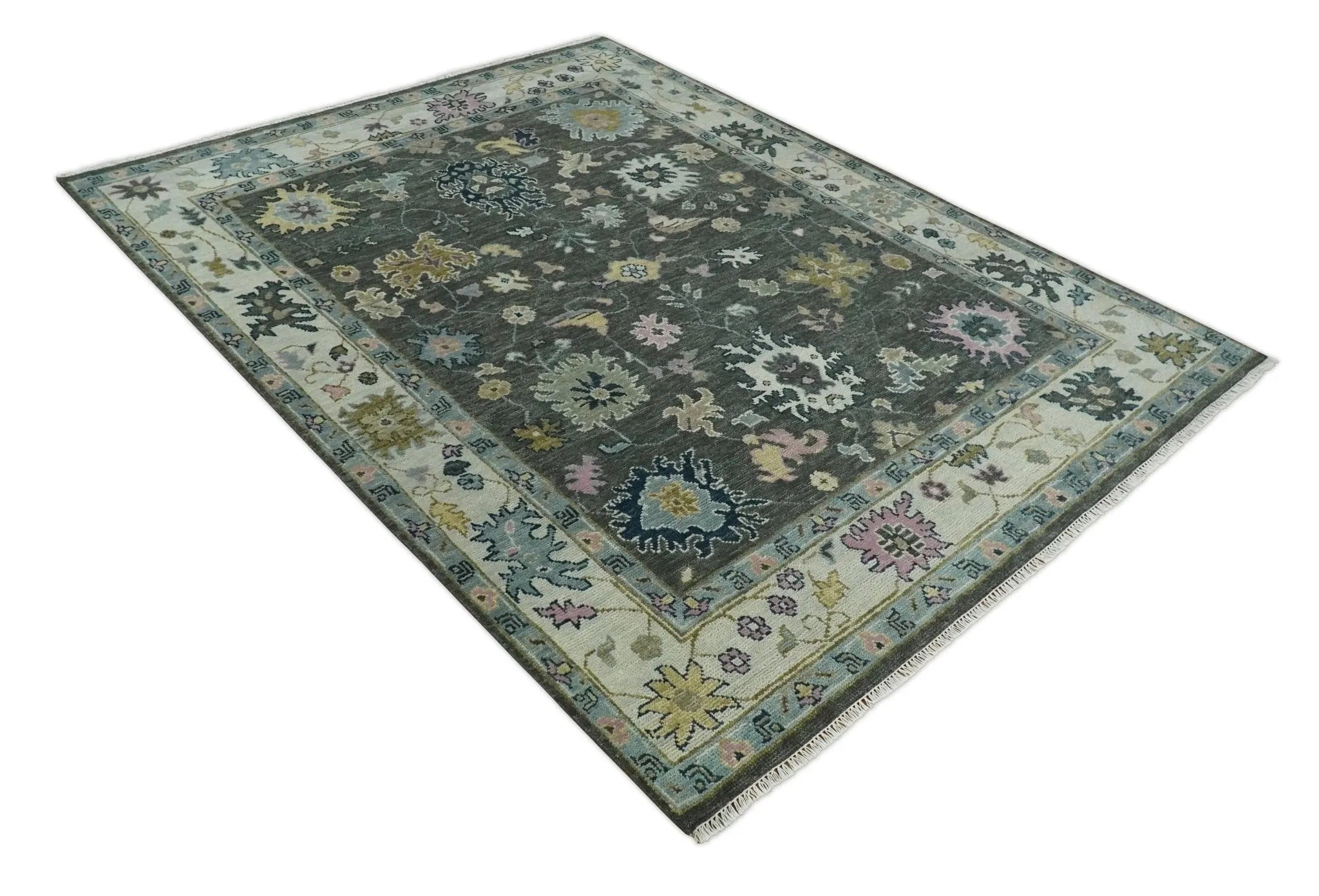 8x10 Hand Knotted Charcoal and Ivory Traditional Vintage Antique Persian Wool Rug | TRDCP891810