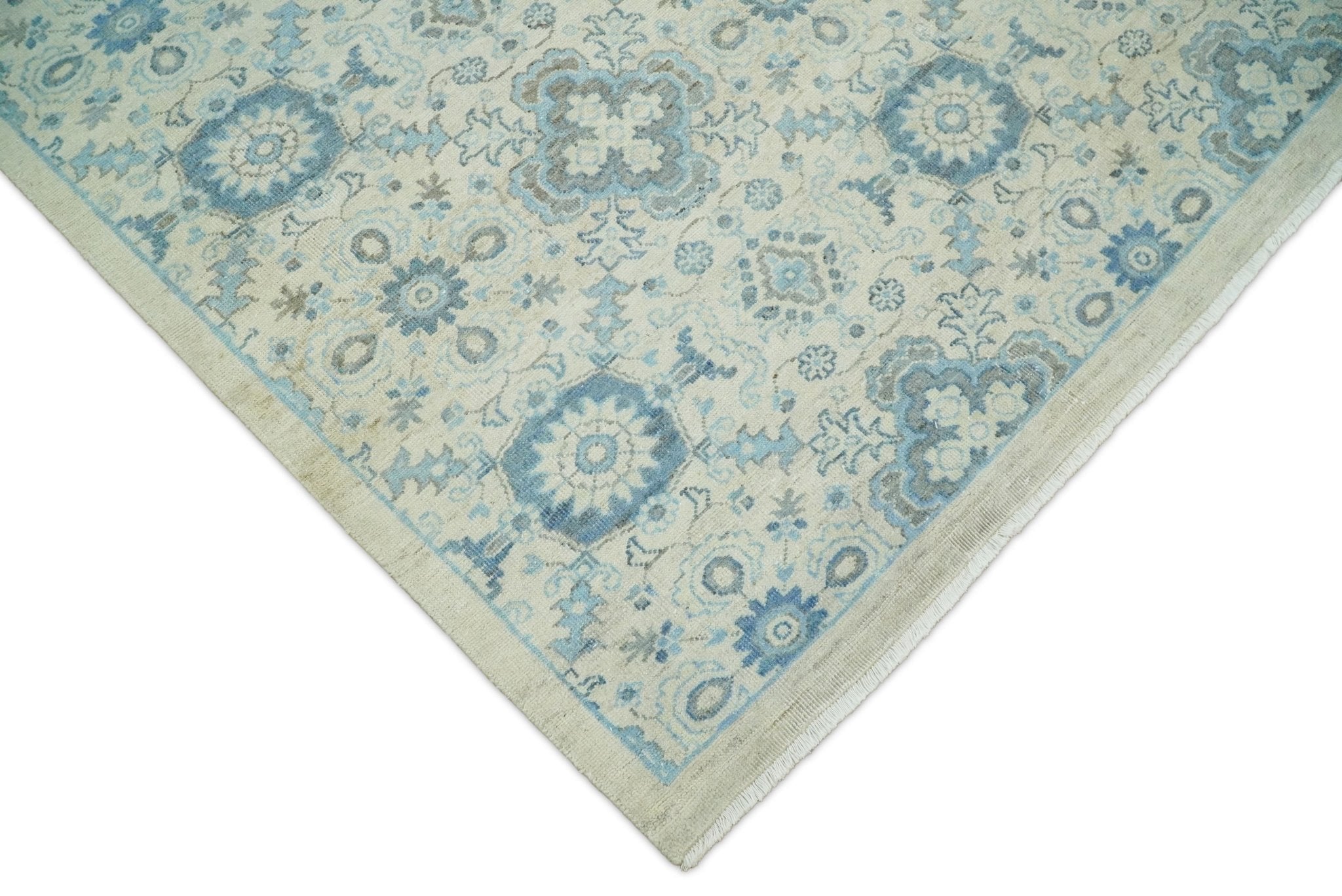 Hand Knotted Traditional Ivory and Blue Oxidized Textured Low Pile Wool Rug