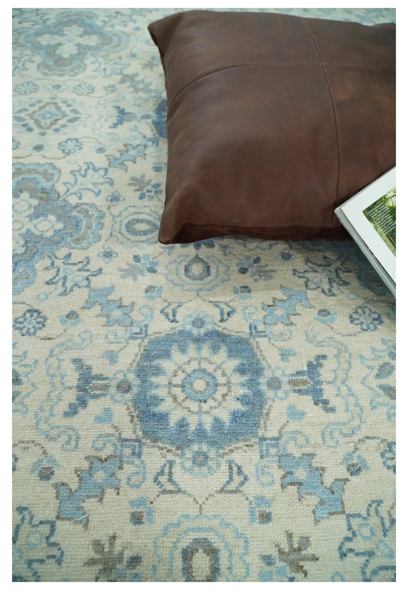 Vintage 8x10 Hand Knotted Traditional Ivory and Blue Oxidized Textured Low Pile Wool Rug | TRD1650810