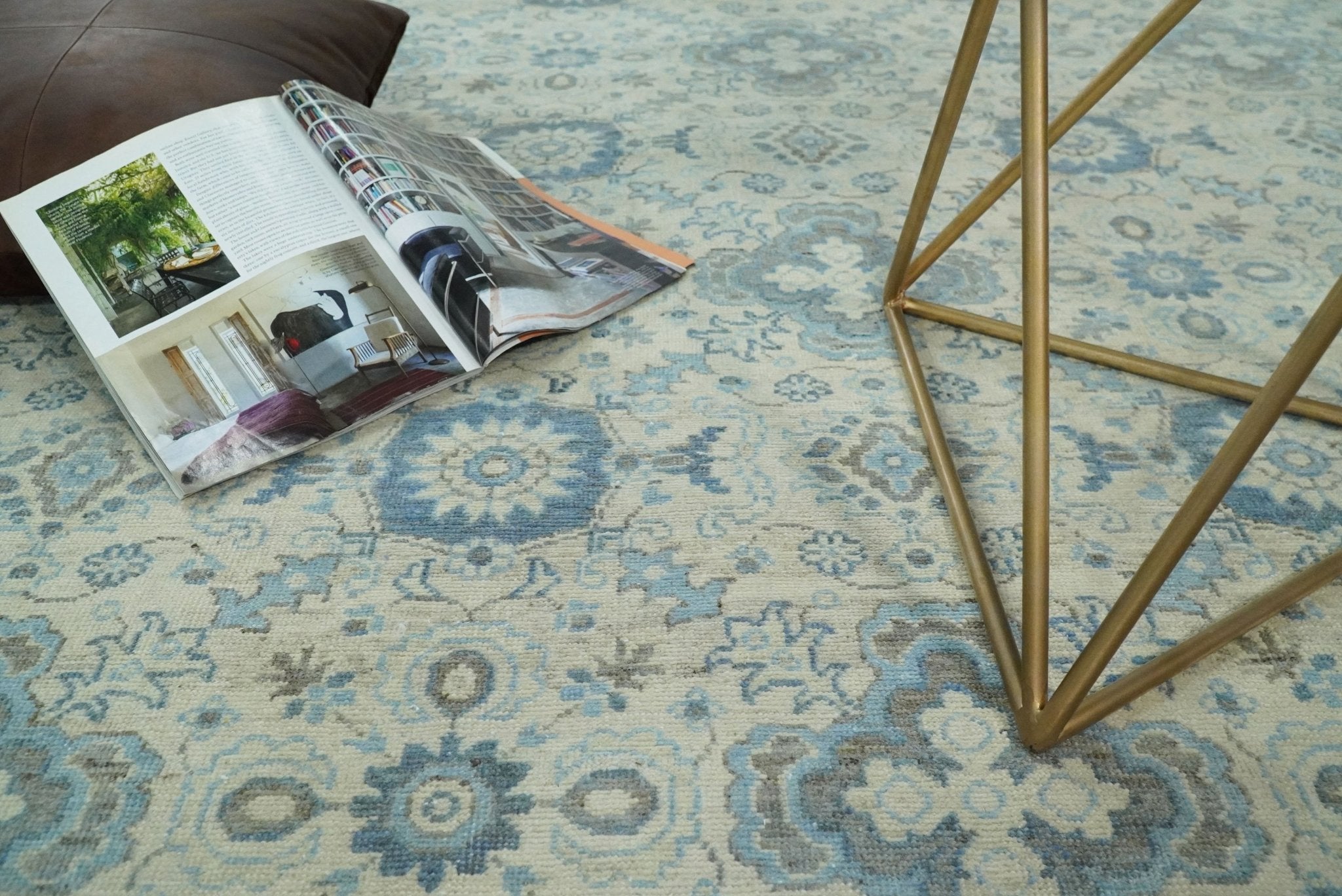 Hand Knotted Traditional Ivory and Blue Oxidized Textured Low Pile Wool Rug