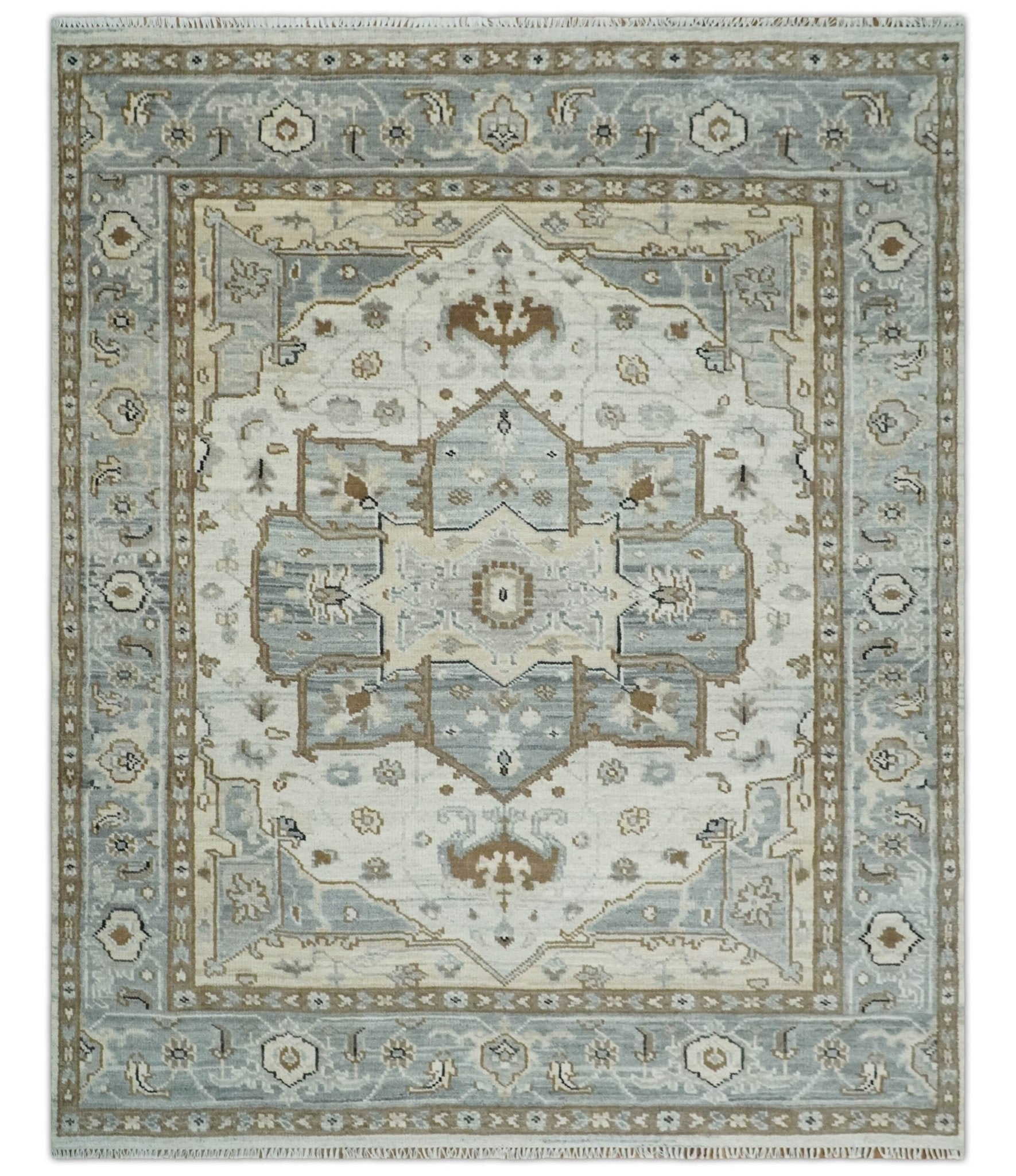 8x10 Ivory, Beige and Silver Traditional Hand Knotted Wool Area Rug