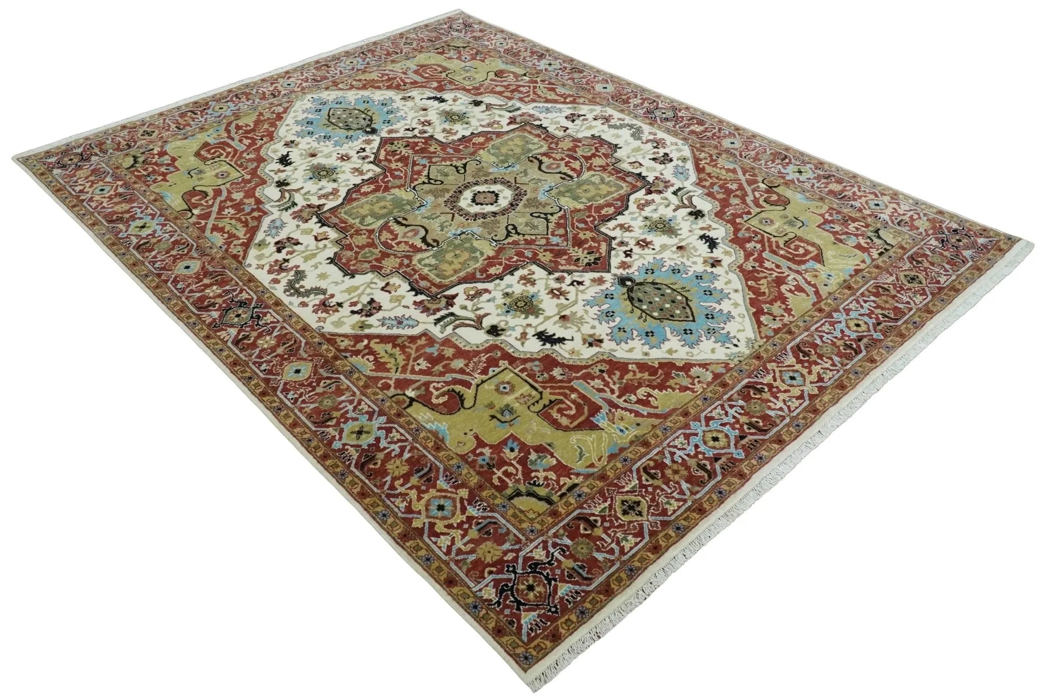 8x10 Olive, Rust and Ivory Heriz Serapi Traditional Vintage Antique Hand Knotted Wool Area Rug | TRDCP1363810