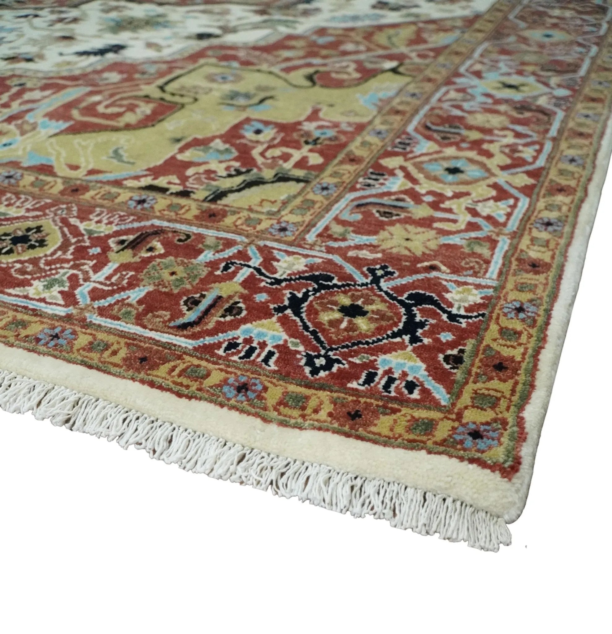 8x10 Olive, Rust and Ivory Heriz Serapi Traditional Vintage Antique Hand Knotted Wool Area Rug | TRDCP1363810