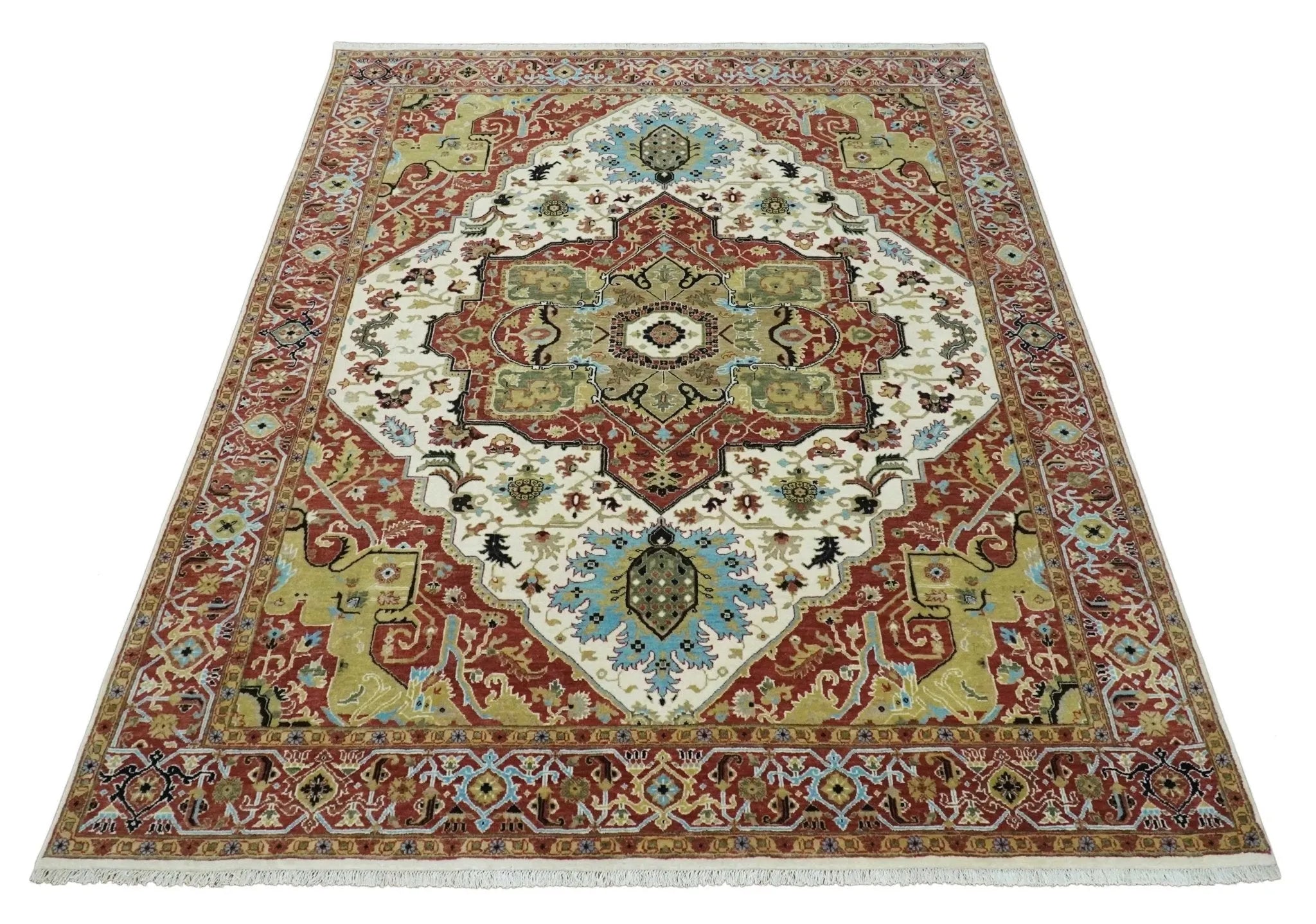 8x10 Olive, Rust and Ivory Heriz Serapi Traditional Vintage Antique Hand Knotted Wool Area Rug | TRDCP1363810