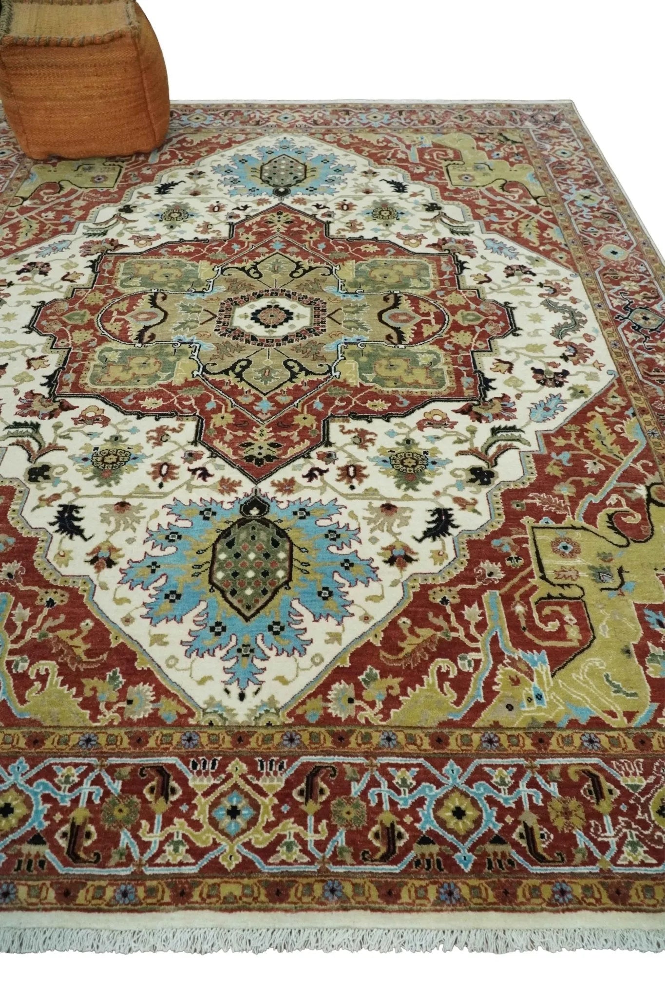 8x10 Olive, Rust and Ivory Heriz Serapi Traditional Vintage Antique Hand Knotted Wool Area Rug | TRDCP1363810