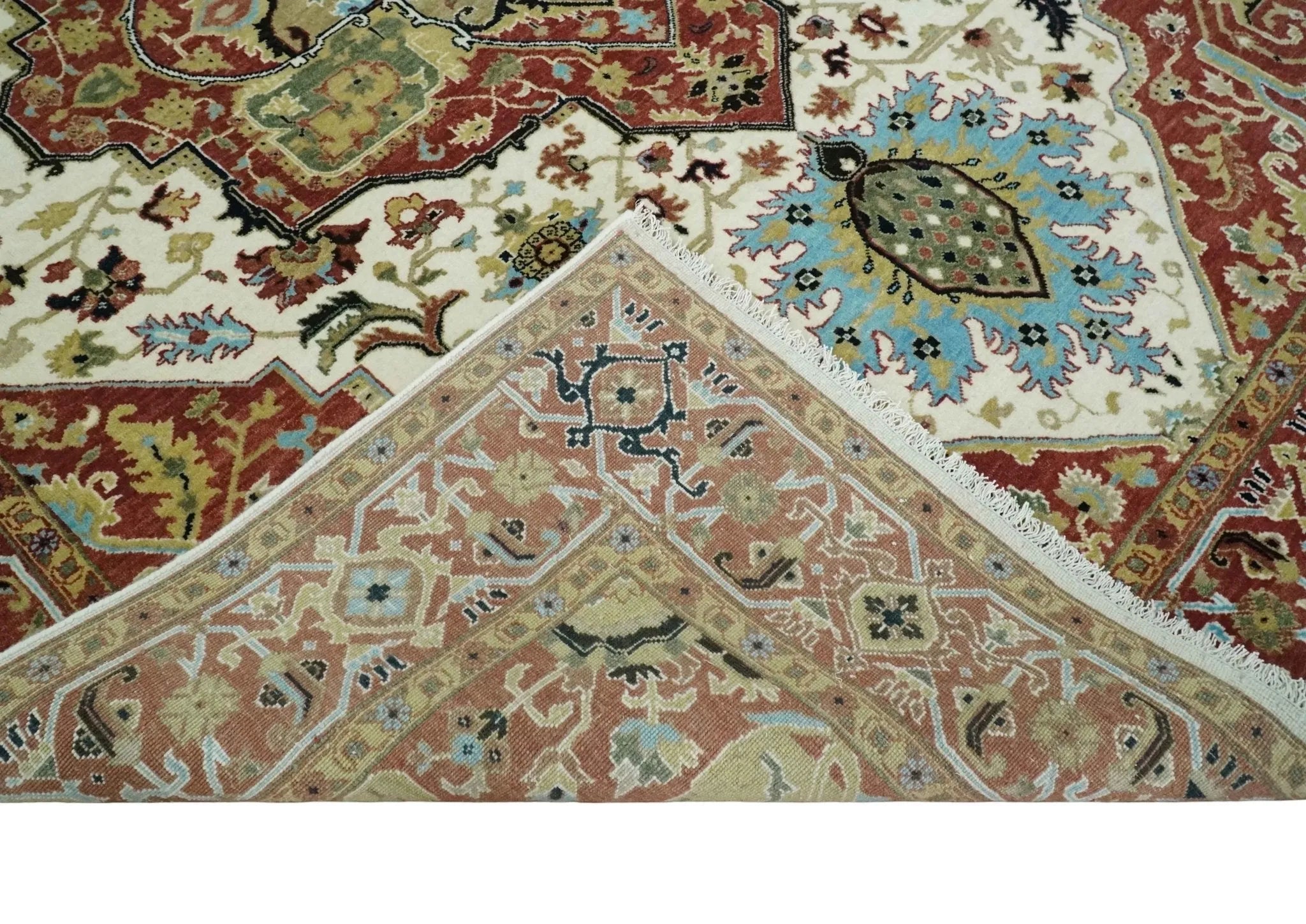 8x10 Olive, Rust and Ivory Heriz Serapi Traditional Vintage Antique Hand Knotted Wool Area Rug | TRDCP1363810