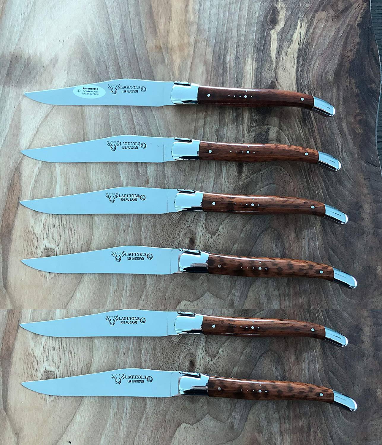 Laguiole en Aubrac Handcrafted 6-Piece Steak Knife Set with Amourette Snakewood Handles