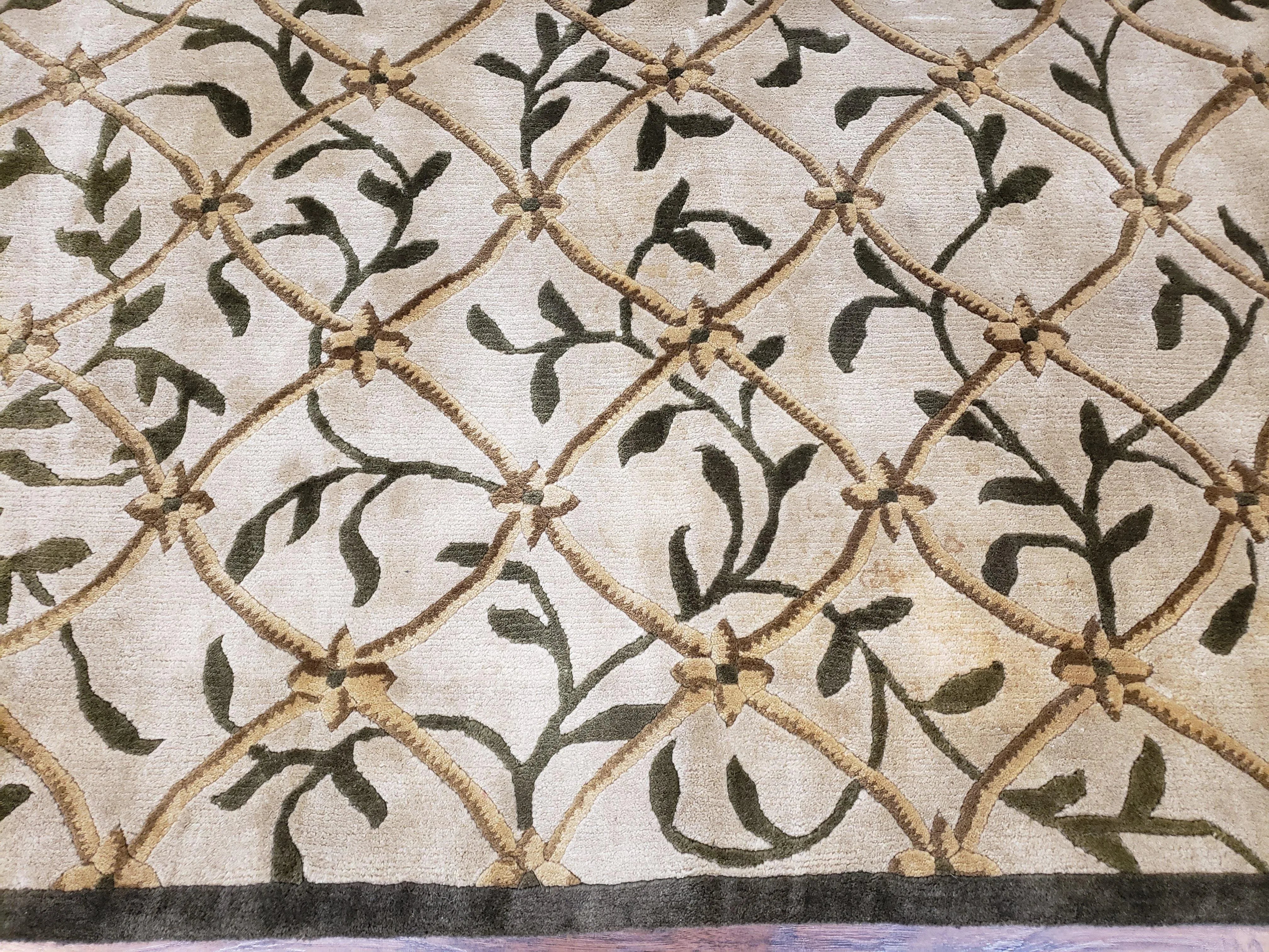 Vintage Tibetan Nepalese Area Rug 9x12, Wool Hand-Knotted, Beige Nepali Soft Pile Carpet, 9 x 12 Living Room Modern Dining Room Rug