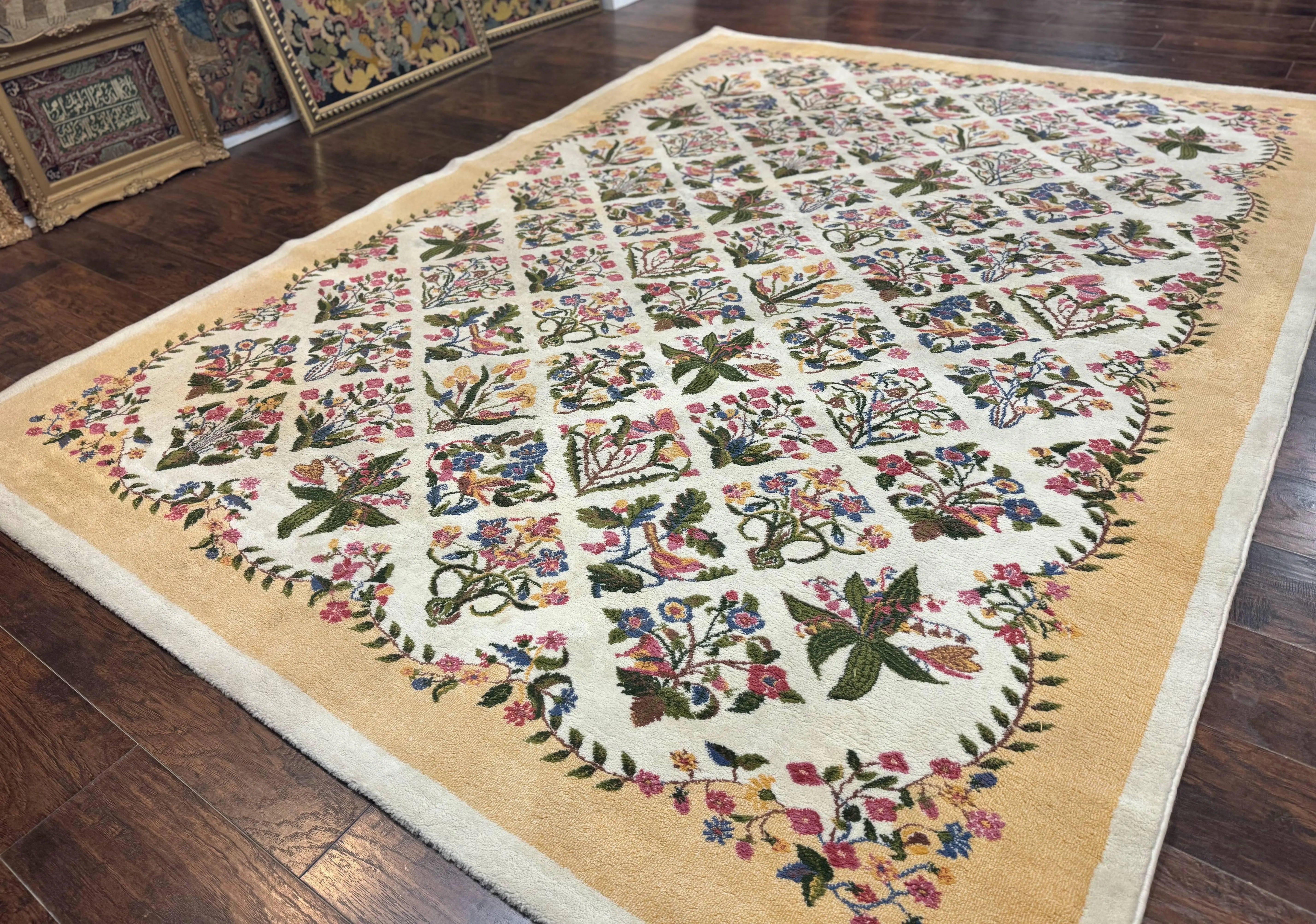 Power Loomed Rug 8x11, Ivory and Multicolor Floral Panel Pattern, Flowers, Butterflies, Vintage