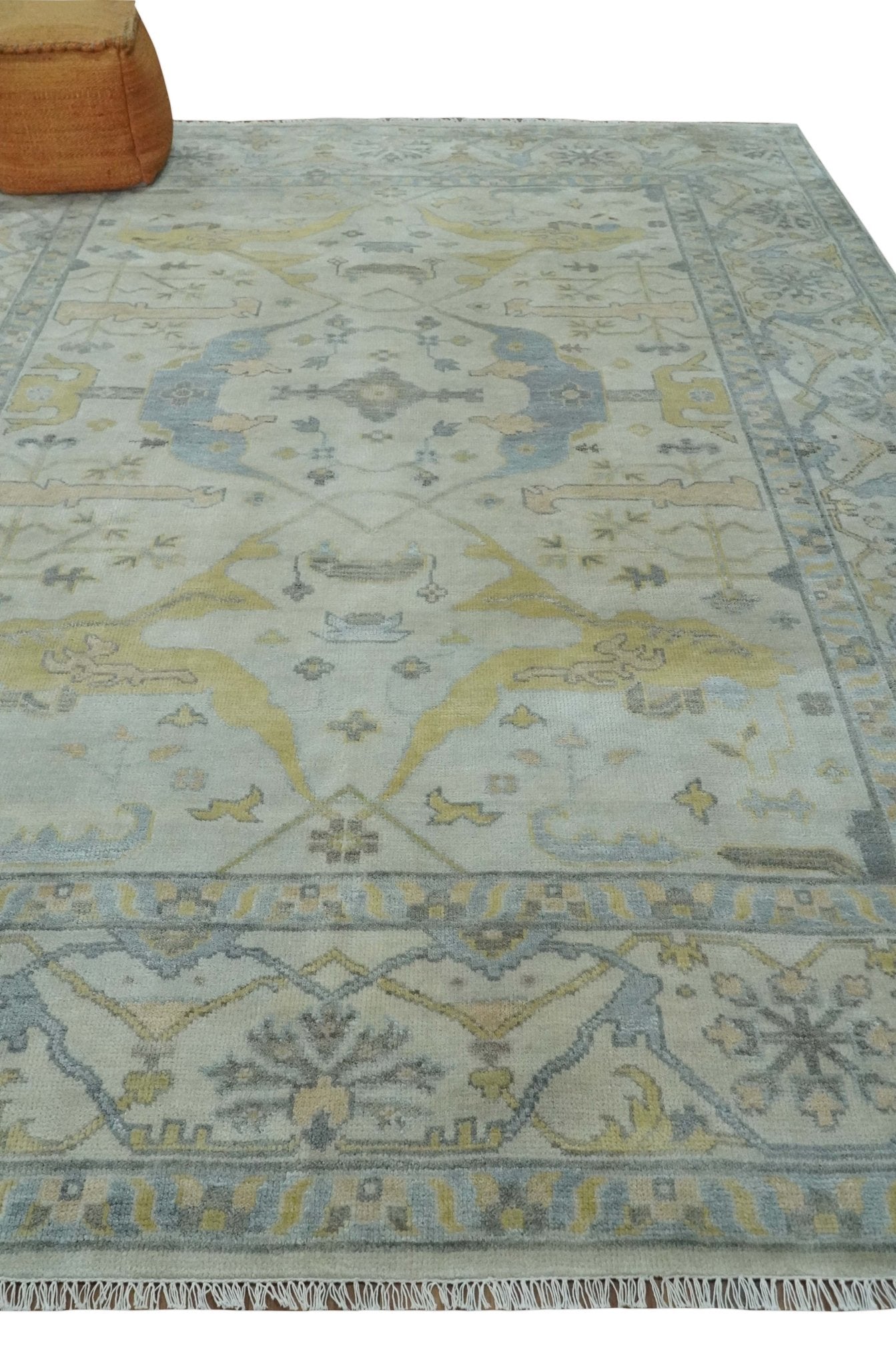9x12 Hand Knotted Oriental Oushak Ivory, Charcoal and Yellow Wool Area Rug
