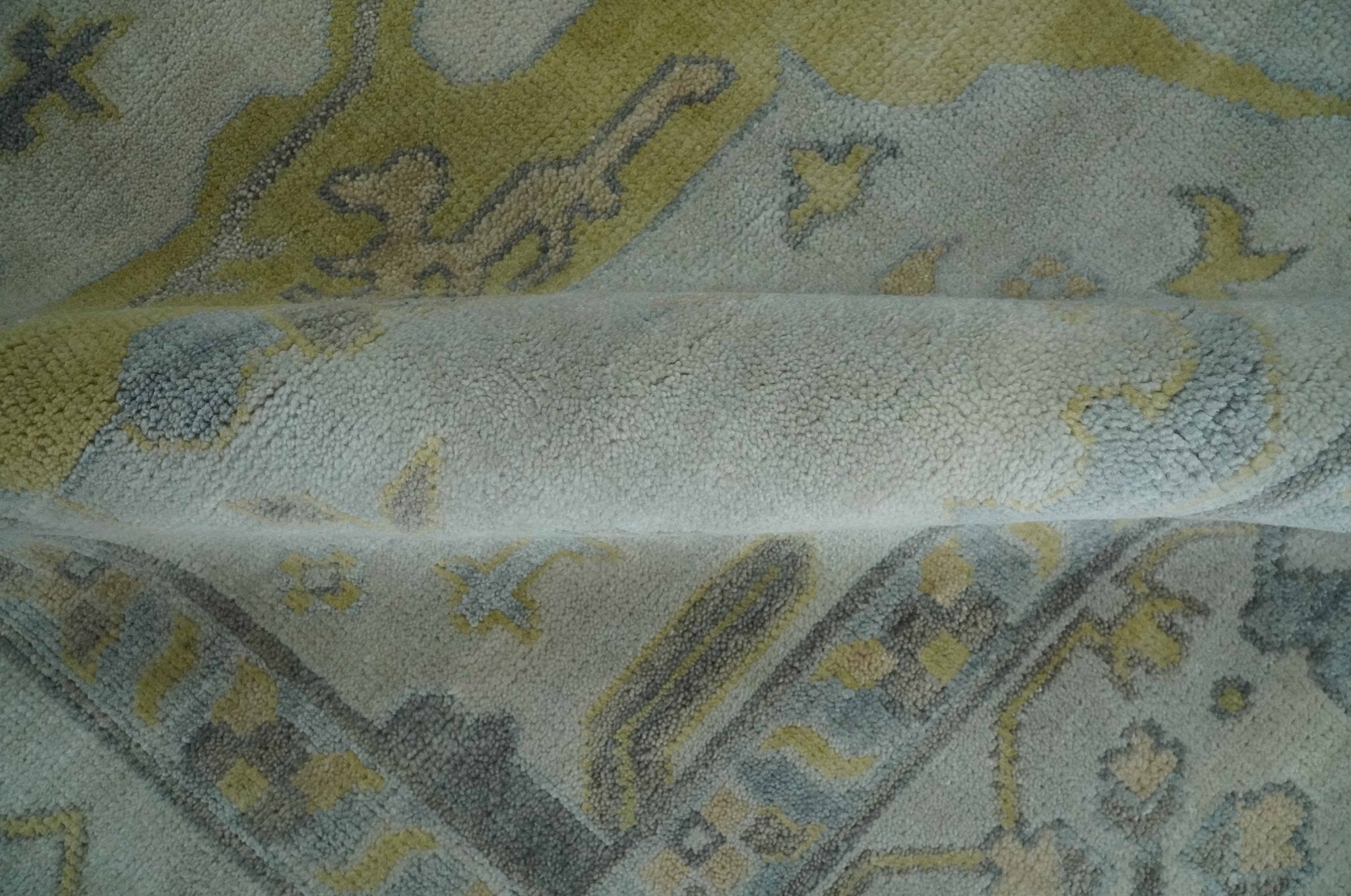 9x12 Hand Knotted Oriental Oushak Ivory, Charcoal and Yellow Wool Area Rug