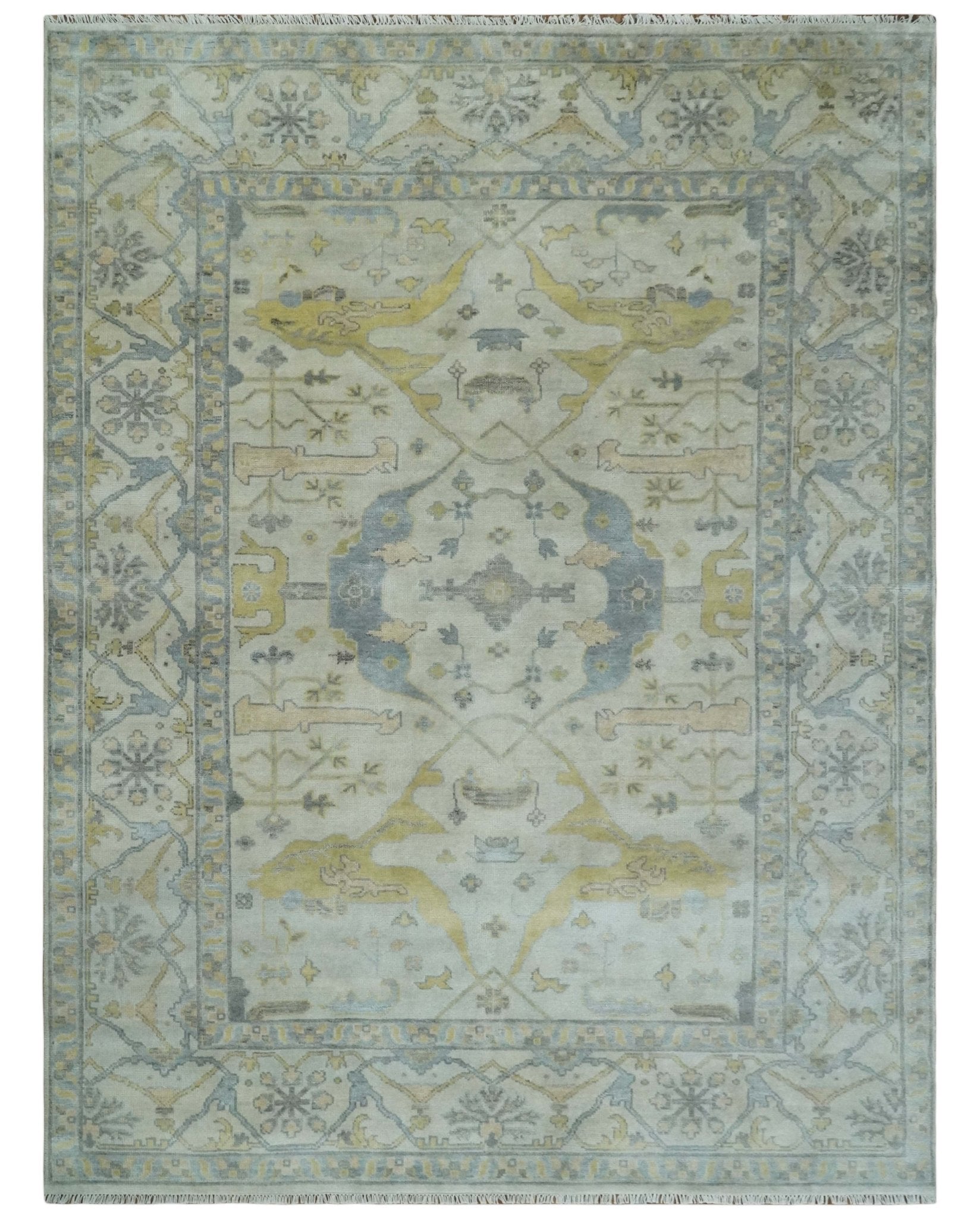 9x12 Hand Knotted Oriental Oushak Ivory, Charcoal and Yellow Wool Area Rug