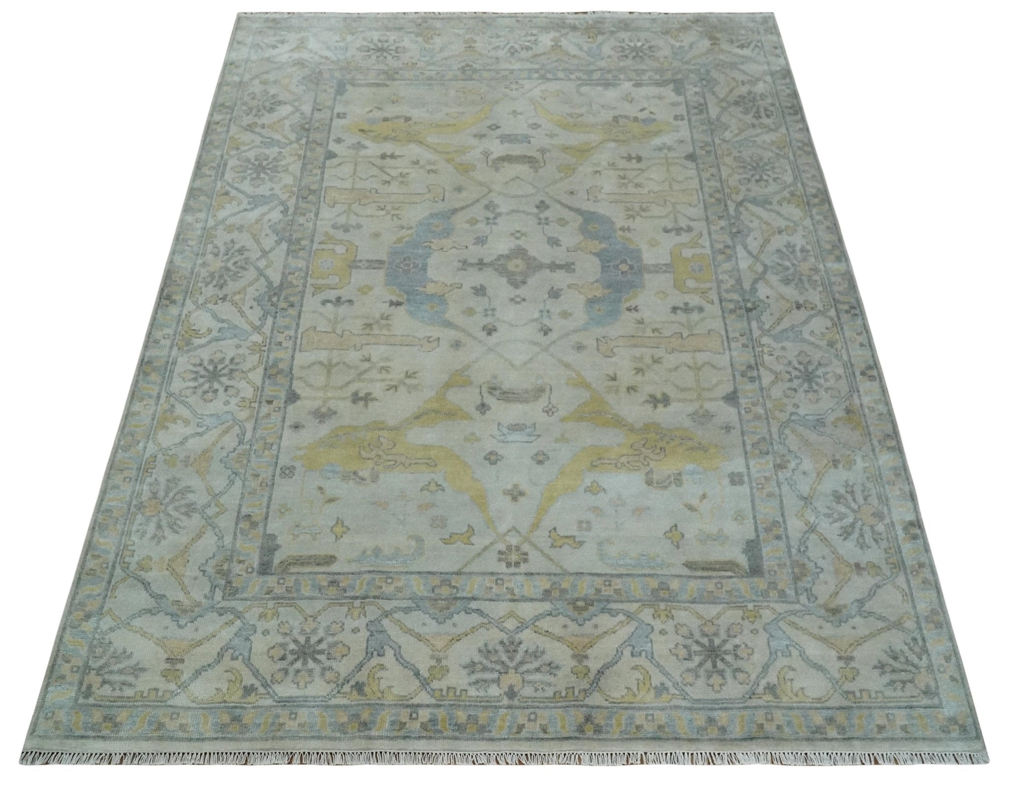 9x12 Hand Knotted Oriental Oushak Ivory, Charcoal and Yellow Wool Area Rug