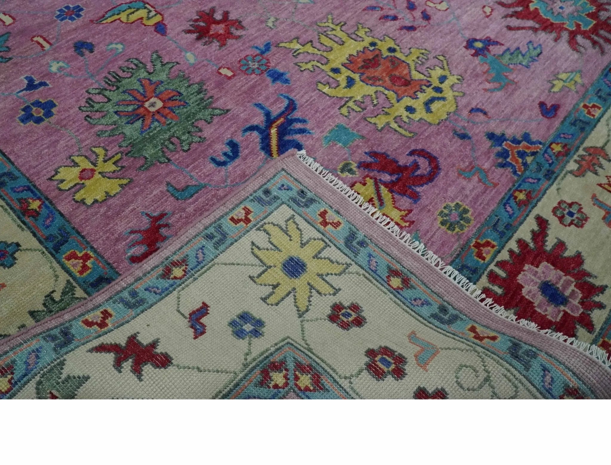 8x10 and 9x12 Wool Traditional Pink, Beige and Blue Vibrant Colorful Hand knotted Oushak Area Rug