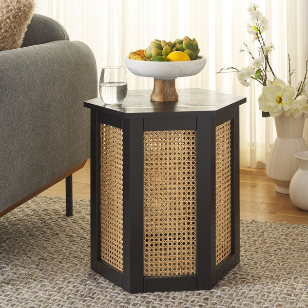 Danez Hexagon Cane Accent Table in Black and Natural