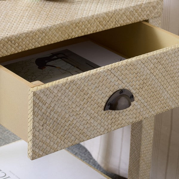 Apis Raffia Accent Table in Natural with Storage Drawer and Shelf