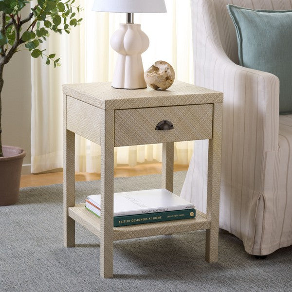 Apis Raffia Accent Table in Natural with Storage Drawer and Shelf