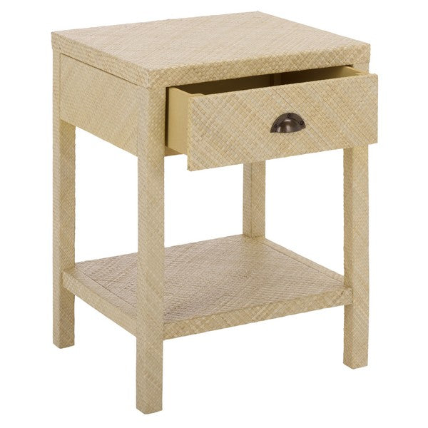 Apis Raffia Accent Table in Natural with Storage Drawer and Shelf
