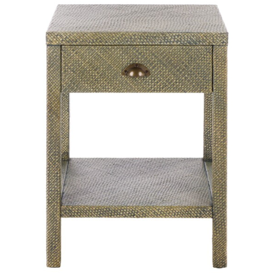 Apis Raffia Accent Table in Turquoise with Storage Drawer and Shelf