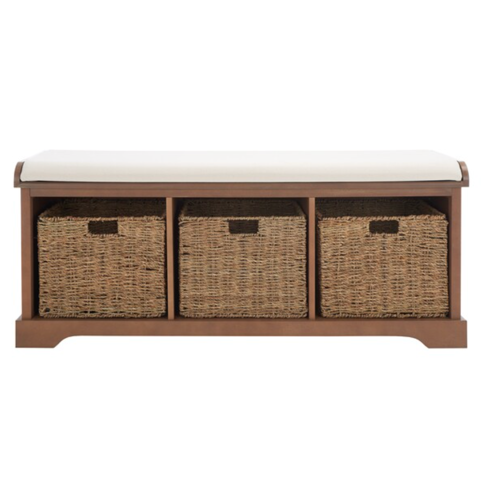 Lonan Wicker Storage Bench in Grey Wash with White Cotton Cushion