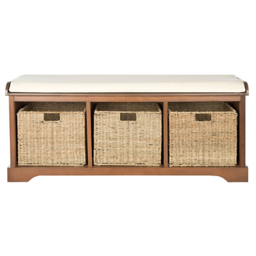 Lonan Wicker Storage Bench in Medium Walnut with White Cotton Cushion