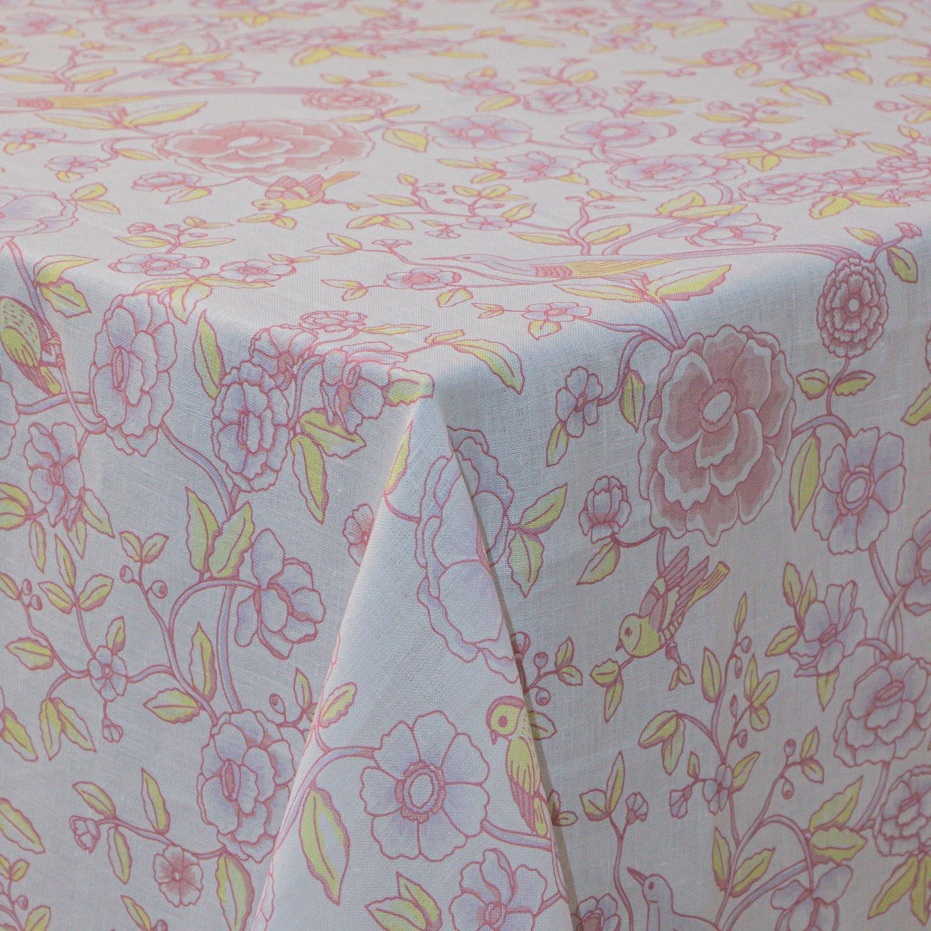 Alma Hortus Linen Tablecloth in White with Mauve and Green Design