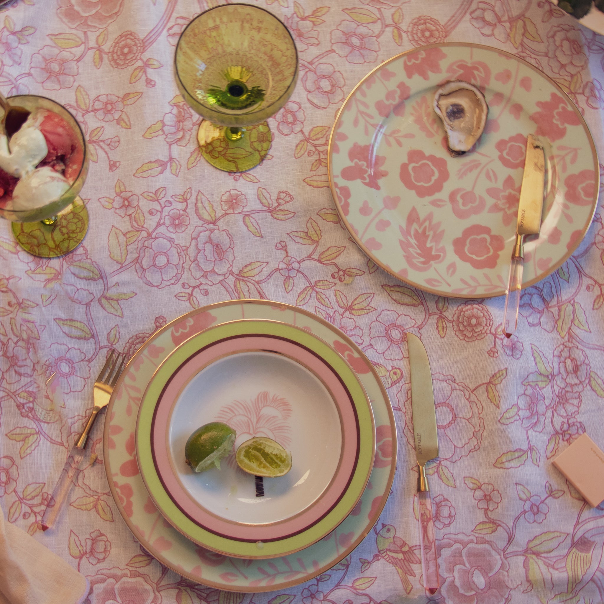 Alma Hortus Linen Tablecloth in White with Mauve and Green Design