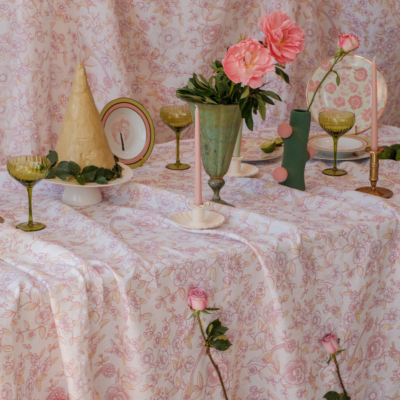 Alma Hortus Linen Tablecloth in White with Mauve and Green Design