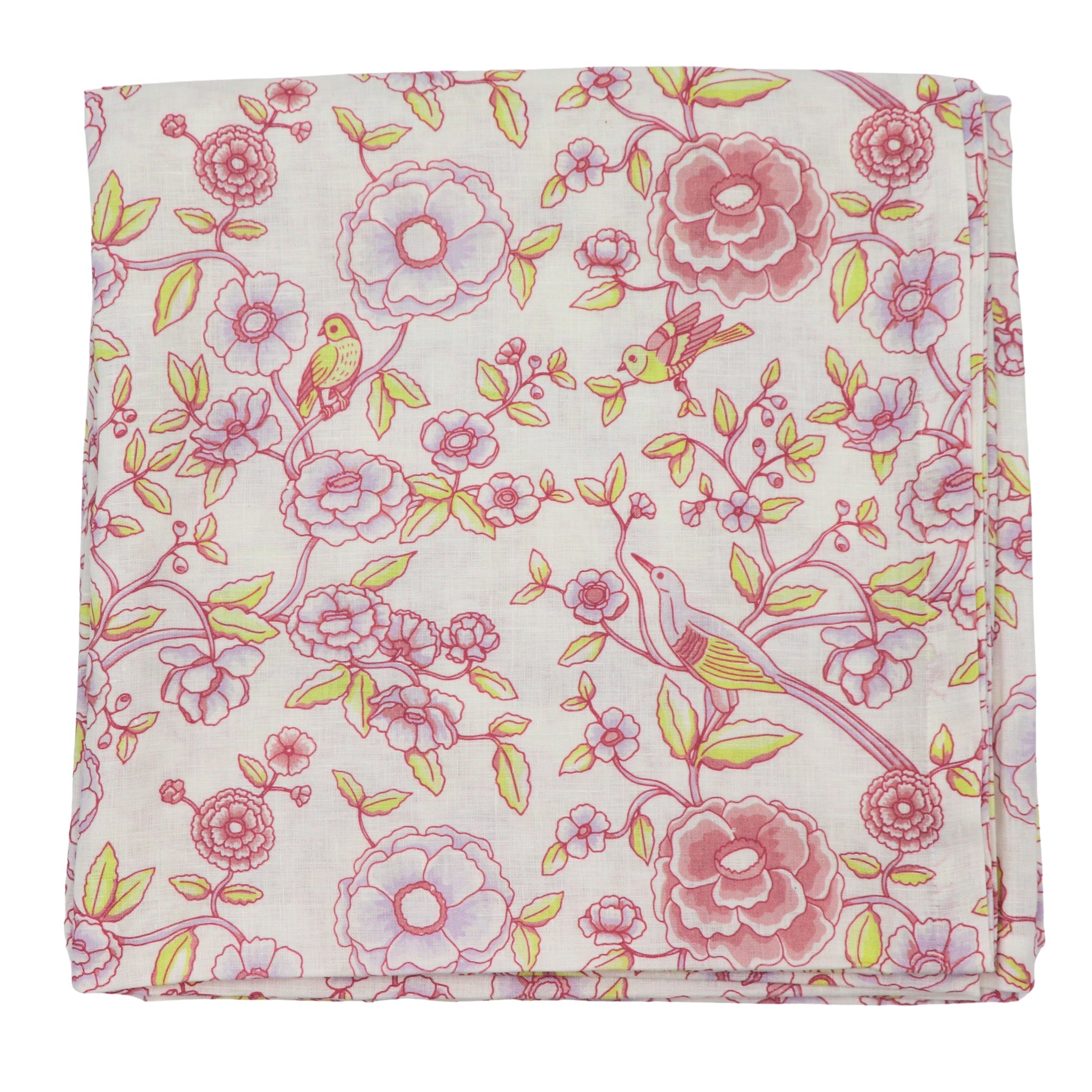 Alma Hortus Linen Tablecloth in White with Mauve and Green Design