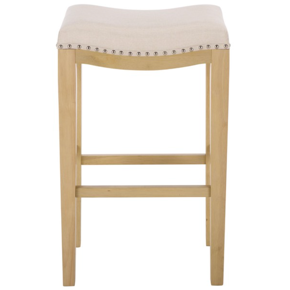 Amabi Bar Stool in Natural with Cream Upholstery and Nail Head Trim