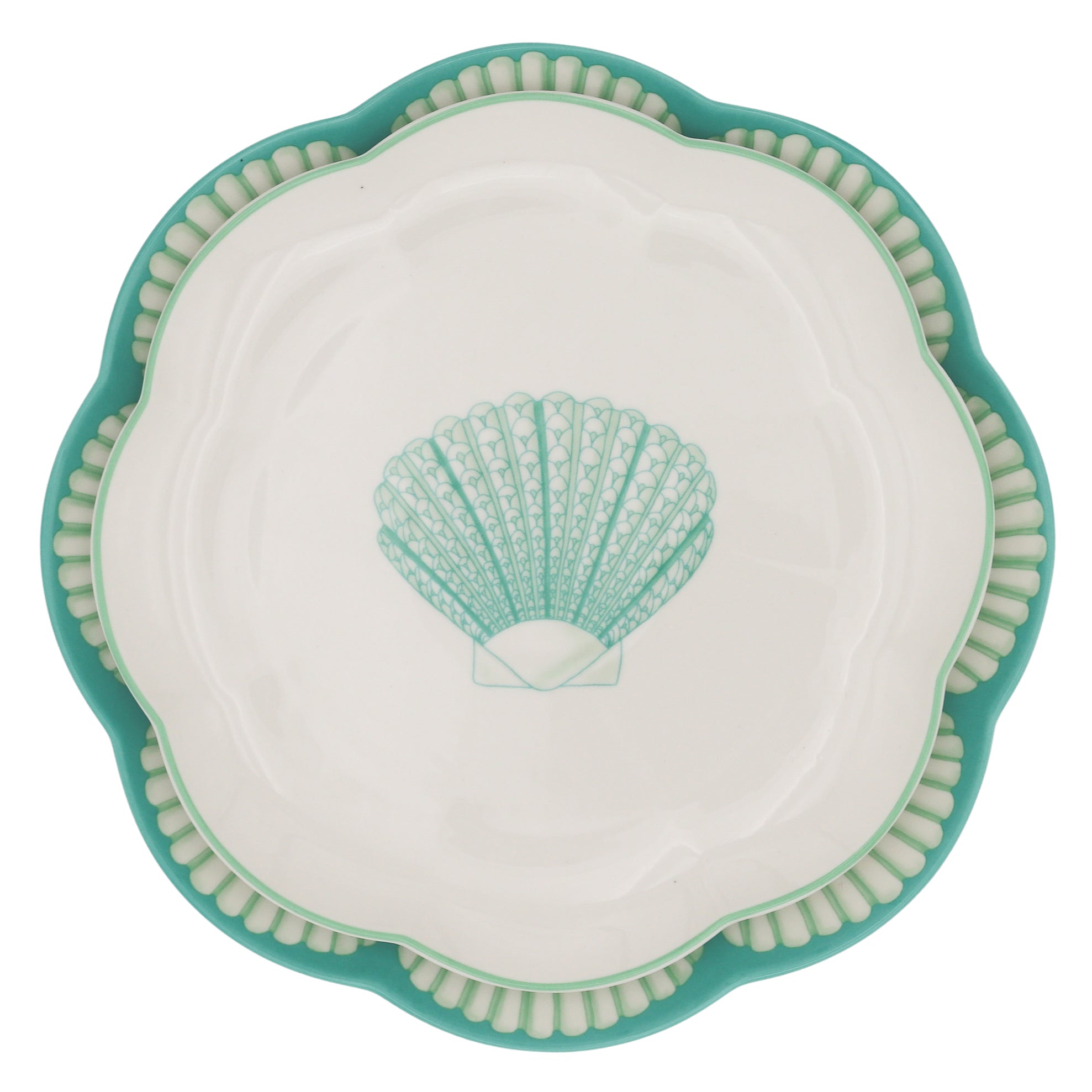 Balearic Blu Ceramic Dinner Plate in White with Green Design and Hand-Painted Rim (Set of 4)